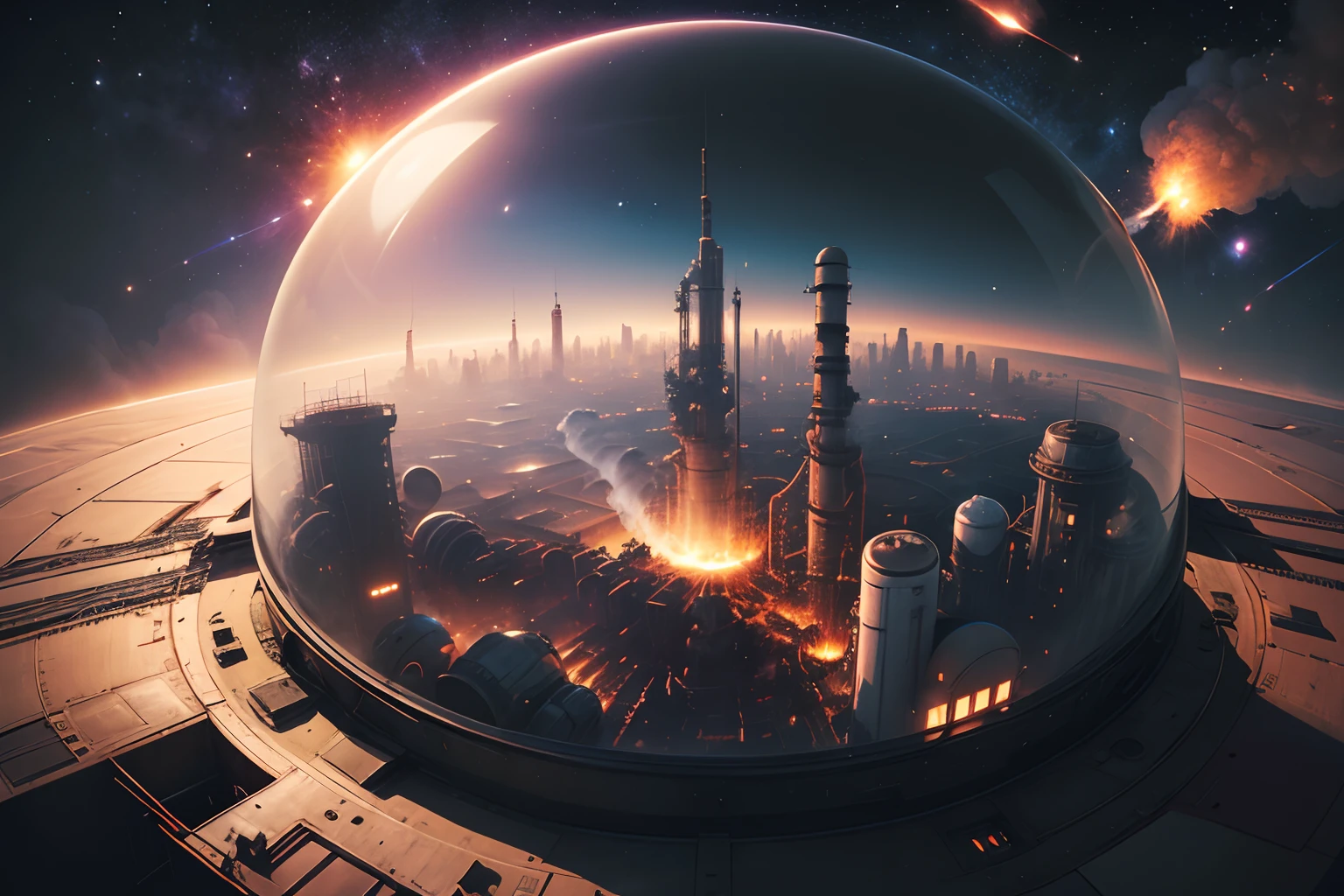 (1 Clear_Domed city floating in space), deep space background, Dieselpunk:1.5, industrial:1.5, James_Blish, "Cities_in_Flight", Spindizzy, Rust_Belt, retro_sci-fi:1.5, (venting factory smoke into space)