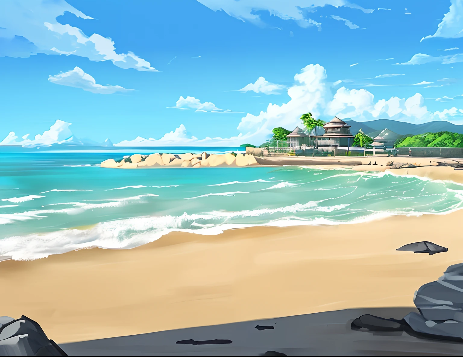Beaches with rocks and islets in the distance, Anime background art, There is a small boat on the beach，There is a small pavilion in the distance