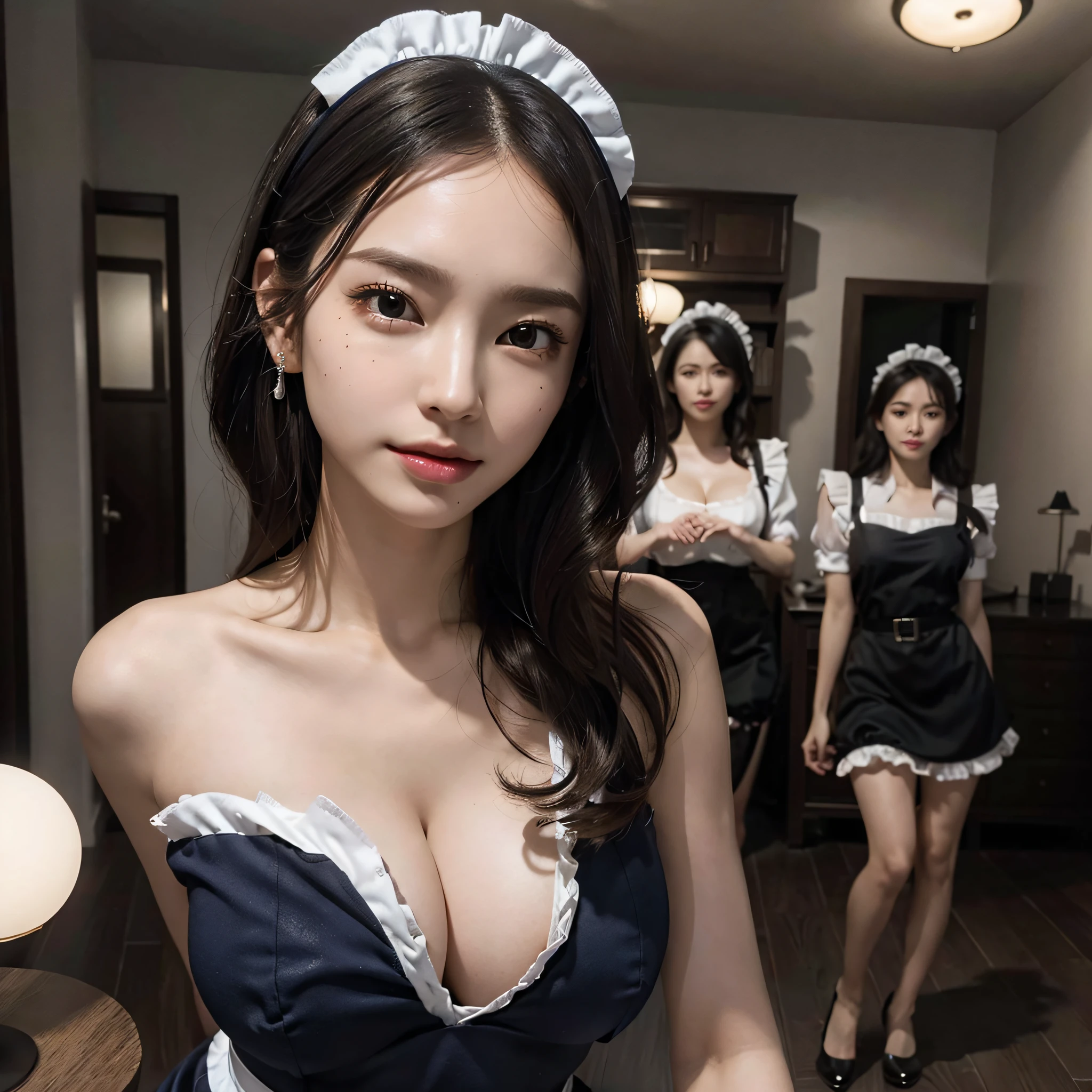 absurdres, RAW photo, extremely delicate and beautiful, masterpiece, Best Quality, ultra high resolution, 16k, hyperrealistic, ultra-detailed, Very detailed CG 8k wallpaper, Beautiful Lighting, Perfect Lightning, Realistic Shadows, perfect anatomy, super Detailed skin, perfect figure, Japanese woman, late 20s, very Slim body, narrow waist, very small head, handsome detailed woman, very detailed eyes and face, realistic face proportions, Stunning detailed eyes, Realistic beautiful face, very small face, Realistic small beautiful eyes, double eyelids, makeup, tearful mole, mole on chest, earring, bare legs, beautiful and very thin legs, beautiful and very thin thighs, (((very huge round breasts))), short hair, wavy hair, sweat, full body shot, (((3 girls))), tight-fitting, (((maid costume))),