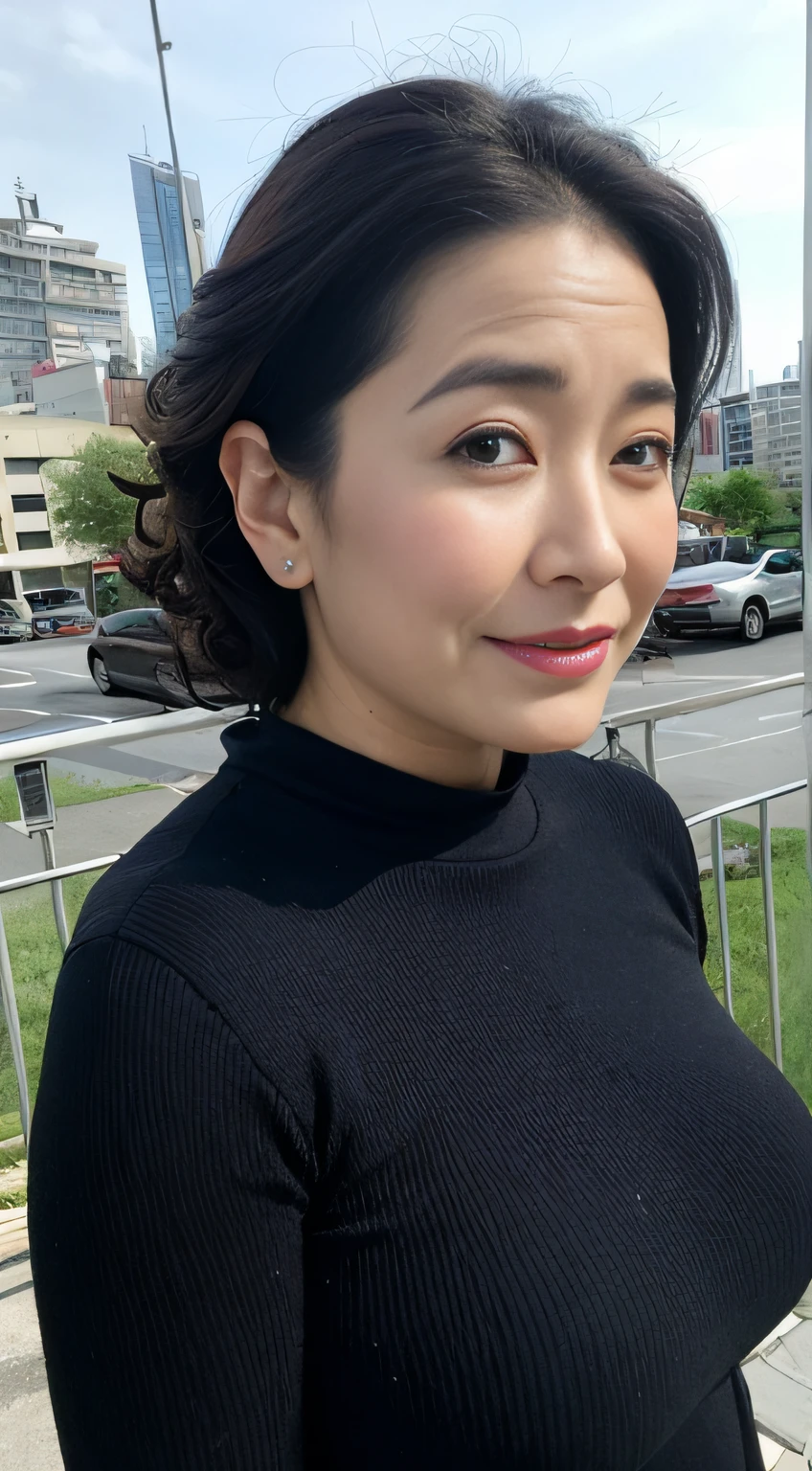 ((Best quality, 8K, Masterpiece, Portrait: 1.3)), (View viewers), Photorealism, Sharp focus, Solo, The Moro Islamic Liberation Front of Japan, Beauty,Wavy hair, Wrinkles at the corners of the eyes, to emphasize, ((Big breasts:1.3))),,30 years old, curlies, Wrinkled eyes, (Black High Neck Dress, standing on your feet:1.2)((looking at viewert))