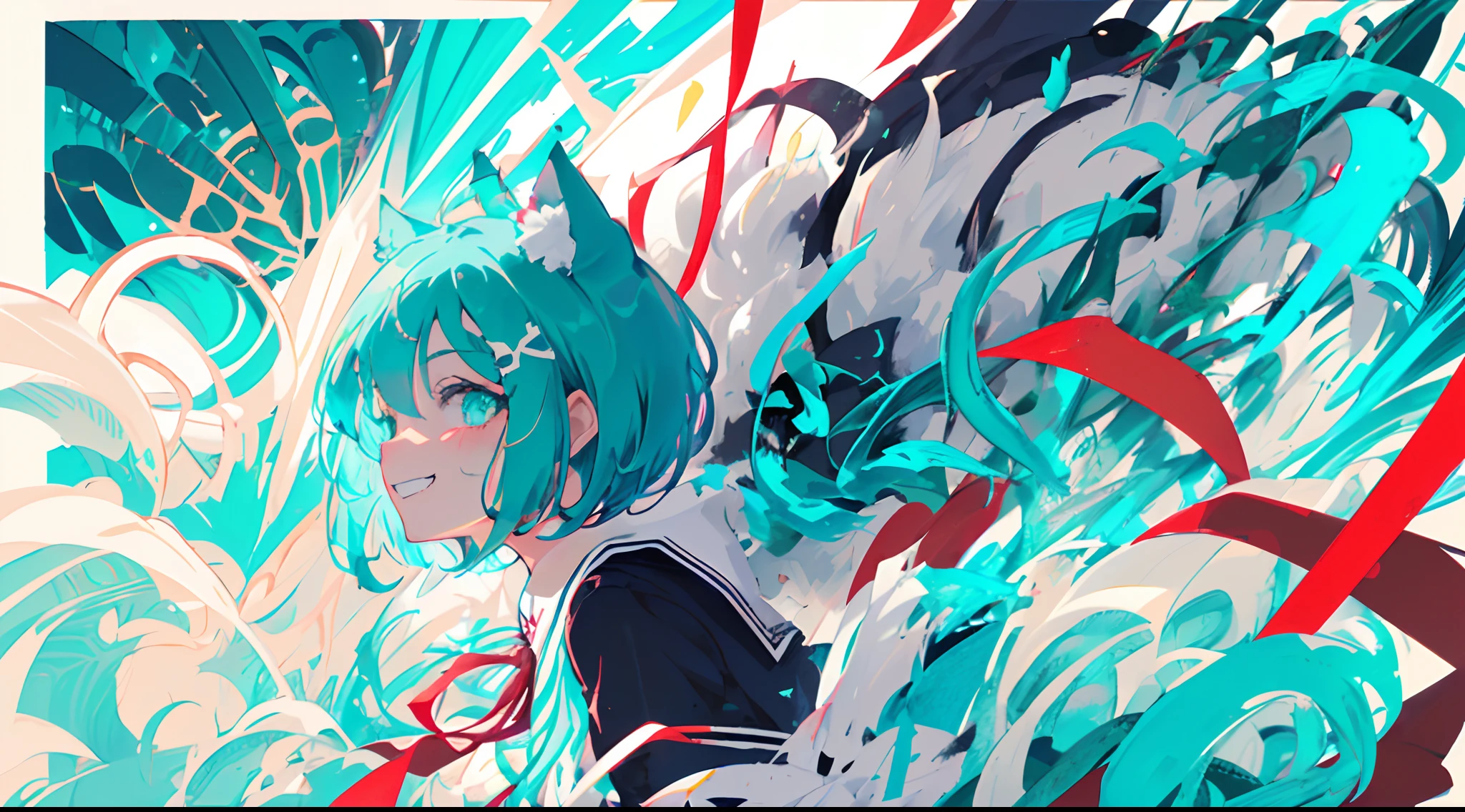 portrait of ((solo catgirl)), ((short fluffy turquoise hair in a wavy bob-cut)), ((turquoise nekomimi)), grin, side profile, low angle, (dark blue and white high school uniform, red ribbon), chaotic colorful background, masterpiece, squinted eyes, action, explosion