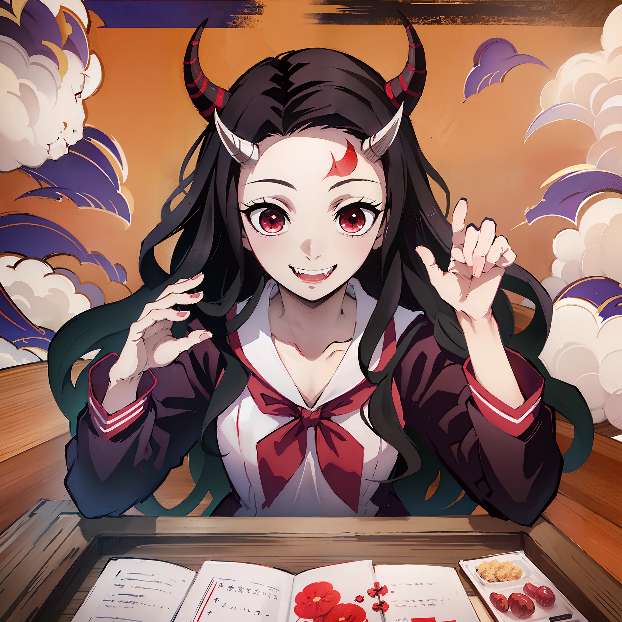 (masterpiece, best quality:1.2), kimetsu no yaiba style, kamado nezuko, (1girl, solo), 18years old, upper body,  (sailor suit, school uniform), (black long hair, wave hair), forehead, (red demon horns, red eyes), (evil smile:1.2), long fangs, victory sign, (park background:1.3)