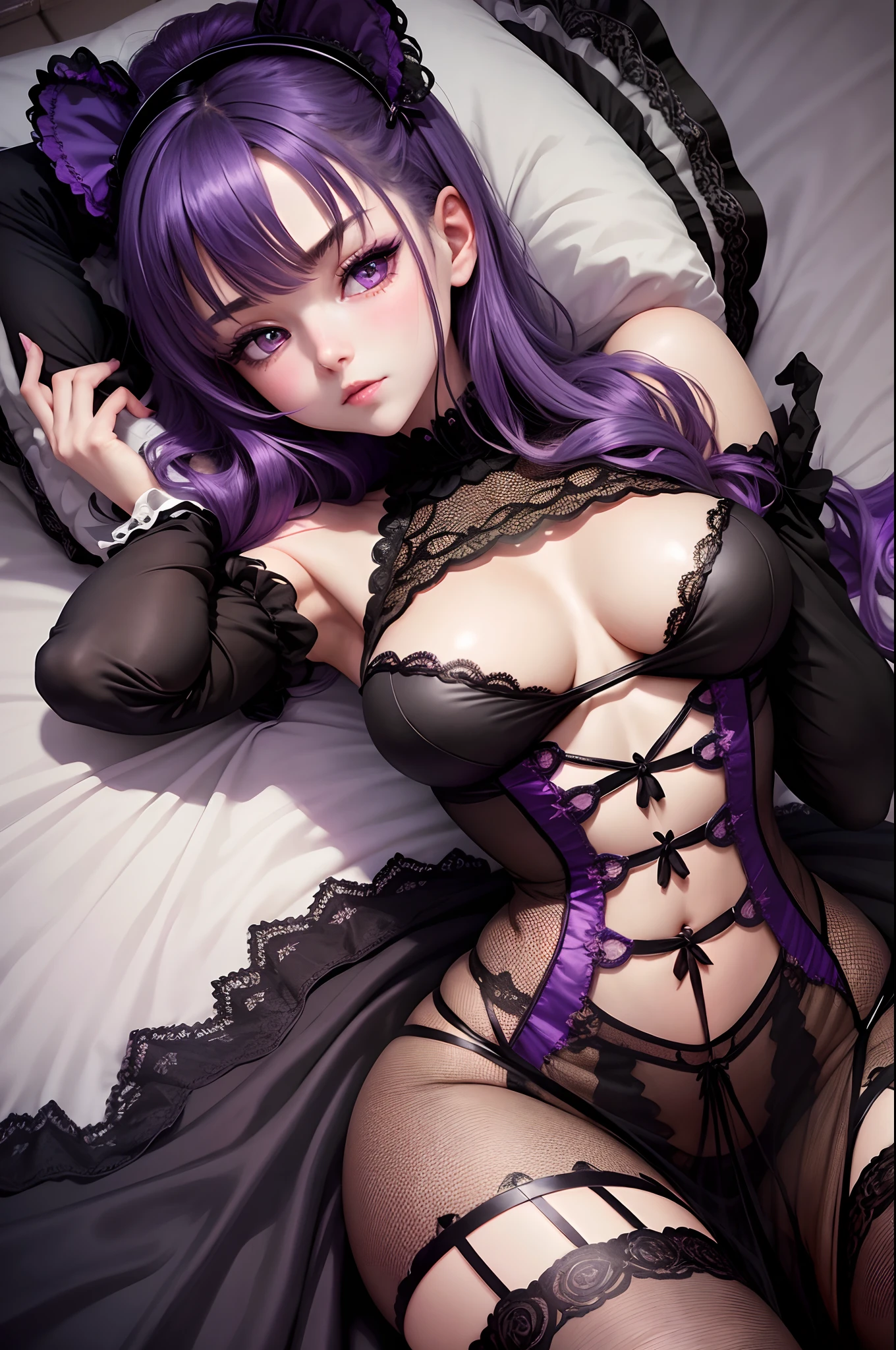 anime gothic lolita, 1 girl, black lace gloves, purple hair, skinny body, skinny legs, big breast, sexy maid dress, shy blushing face, laying in bed, open legs, hands hiding behind head