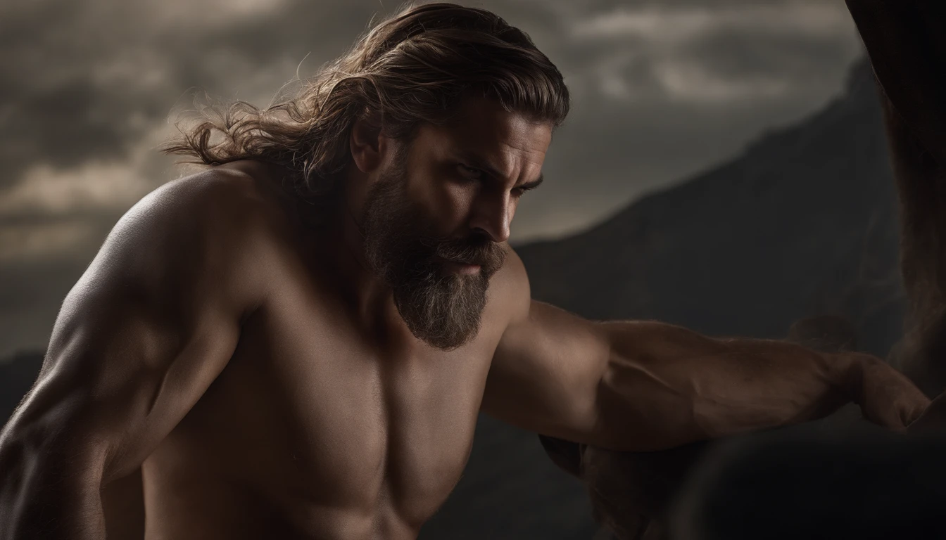 um close up de um homem, estilo zeus com sua ira, cabelo solto voando com o vento, contato visual, com barba curta, com musculos, classical realism, macho, wise, alfa, Dark background in ancient greece, com raios e tempestade