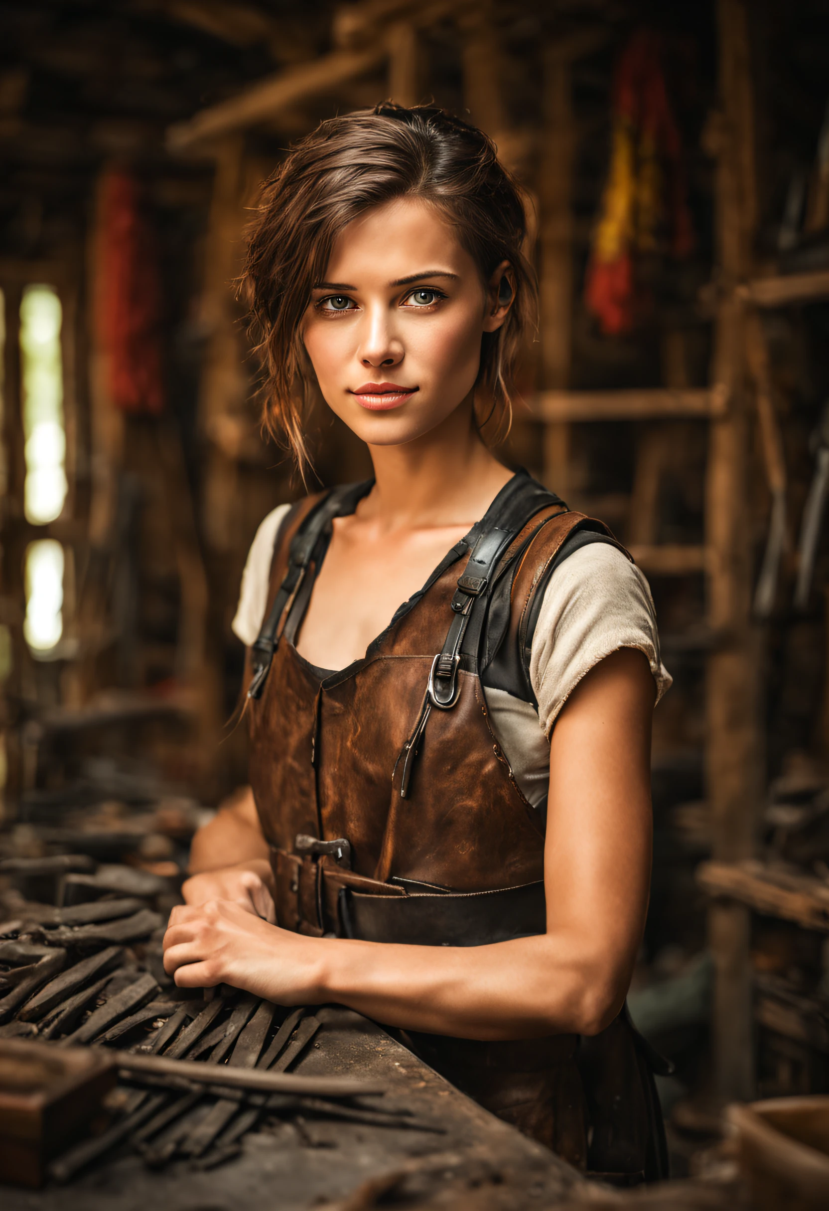 Highly detailed analog gunsmith photo:1.2, Realistic, profundidade de campo, blurry background, 
1girl, short hair, luvas pretas, brown hair, olhos fechados, lareira, forja, Luvas, ferramenta de segurar, faca, lips, Olhando para o frente, saia, sozinho, armeiro, bancada, trabalho realista:1.3, 
master part, best quality:1.1, 
(analogue photography:1.2),