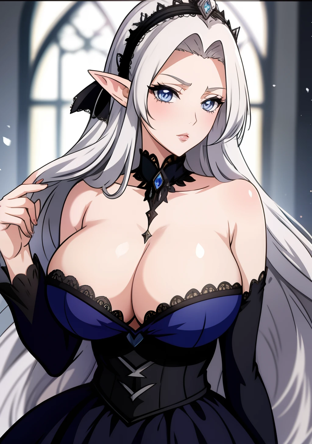 Royal Dress, huge tits, busty, silver hair, headband, elf ears, beauty mark under eyes, blue eyes, long hair, intrincate details, detailed, masterpiece, best quality, 4K, HDR, royal hall, gothic building, upperbody,