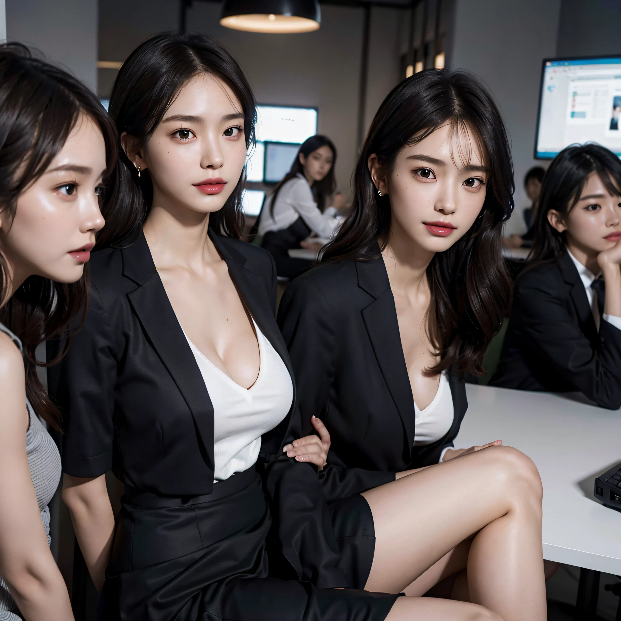 absurdres, RAW photo, extremely delicate and beautiful, masterpiece, Best Quality, ultra high resolution, 16k, hyperrealistic, ultra-detailed, perfect anatomy, super Detailed skin, perfect figure, Very detailed CG 8k wallpaper, in her 20s, very Slim body, narrow waist, very small head, very small face, delicate facial features, tearful mole, earring, thin legs, (very huge round breasts), full body shot, (((3 girls))), short hair, (wavy hair), (((office lady suit))), (wet clothes), jacket,