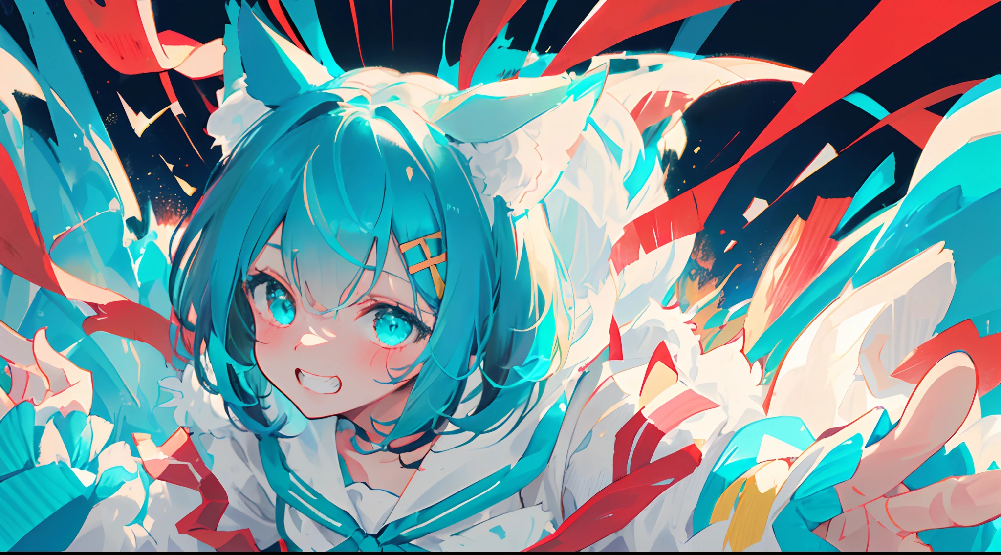 portrait of ((solo catgirl)), ((short fluffy turquoise hair in a wavy bob-cut)), ((turquoise nekomimi)), grin, side profile, low angle, (dark blue and white high school uniform, red ribbon), chaotic colorful background, masterpiece, squinted eyes, action, explosion