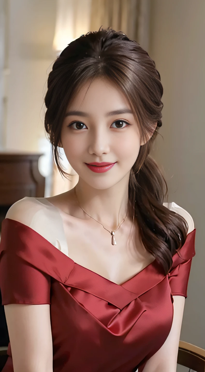1 lovely girl,White skinned,brown haired,Looking at Viewer,Pony tail, Happy smile, Stylish beautiful red shoulder silk dress, Mature face、