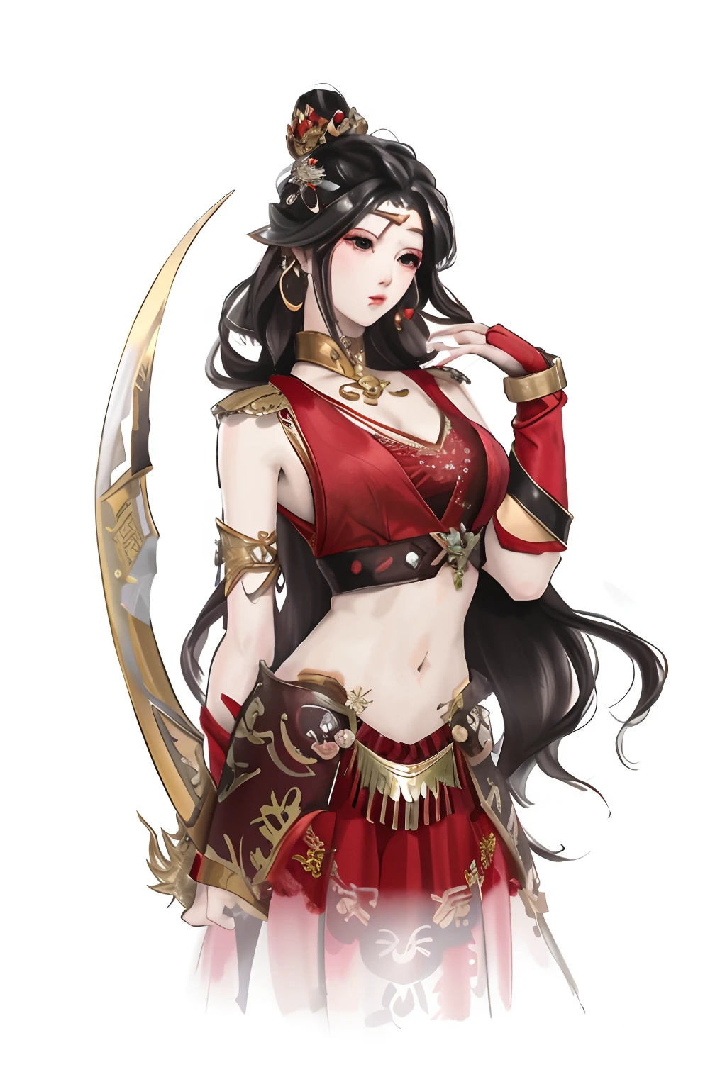 A woman in a red dress holds a sword and shield, full-body xianxia, a beautiful fantasy empress, inspired by Du Qiong, G Liulian art style, ((a beautiful fantasy empress)), Aesthetic!!!!!! female elf, inspired by Ju Lian, full-body wuxia, Anime goddess, by Yang J, bian lian