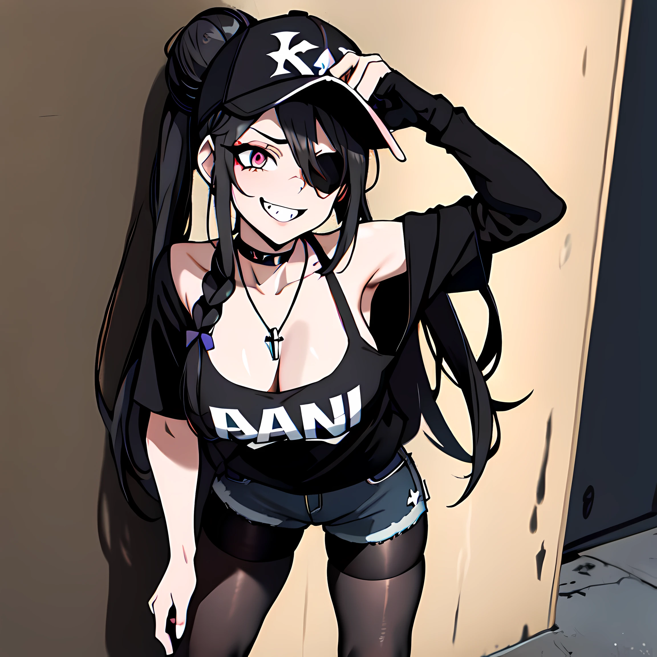 (absurdres, 8k, 4k, masterpiece, hyper extreme detailed:1.2), best quality, expressive eyes, highres, perfect eyes, 1girl, perfect face, perfect hands, Long Hair, Black hair, braided buns, buns in hair, large bust, crazy face, crazy eyes, crazy smile, eyepatch, gothic, cross necklace, black shirt, streetwear, pantyhose, baseball cap, curious, half body, street clothing, graphic t-shirt, standing, leaning against wall, gothic, pale skin, absurdquality, shocked, concerned, confused, head tilt, cowboy_shot, shorts, short shirt, fang tooth, black eyepatch, smile, black pantyhose, wall background, mature, adult, black sleeves, cleavage, leaning forward, exposed collarbone, exposed shoulder