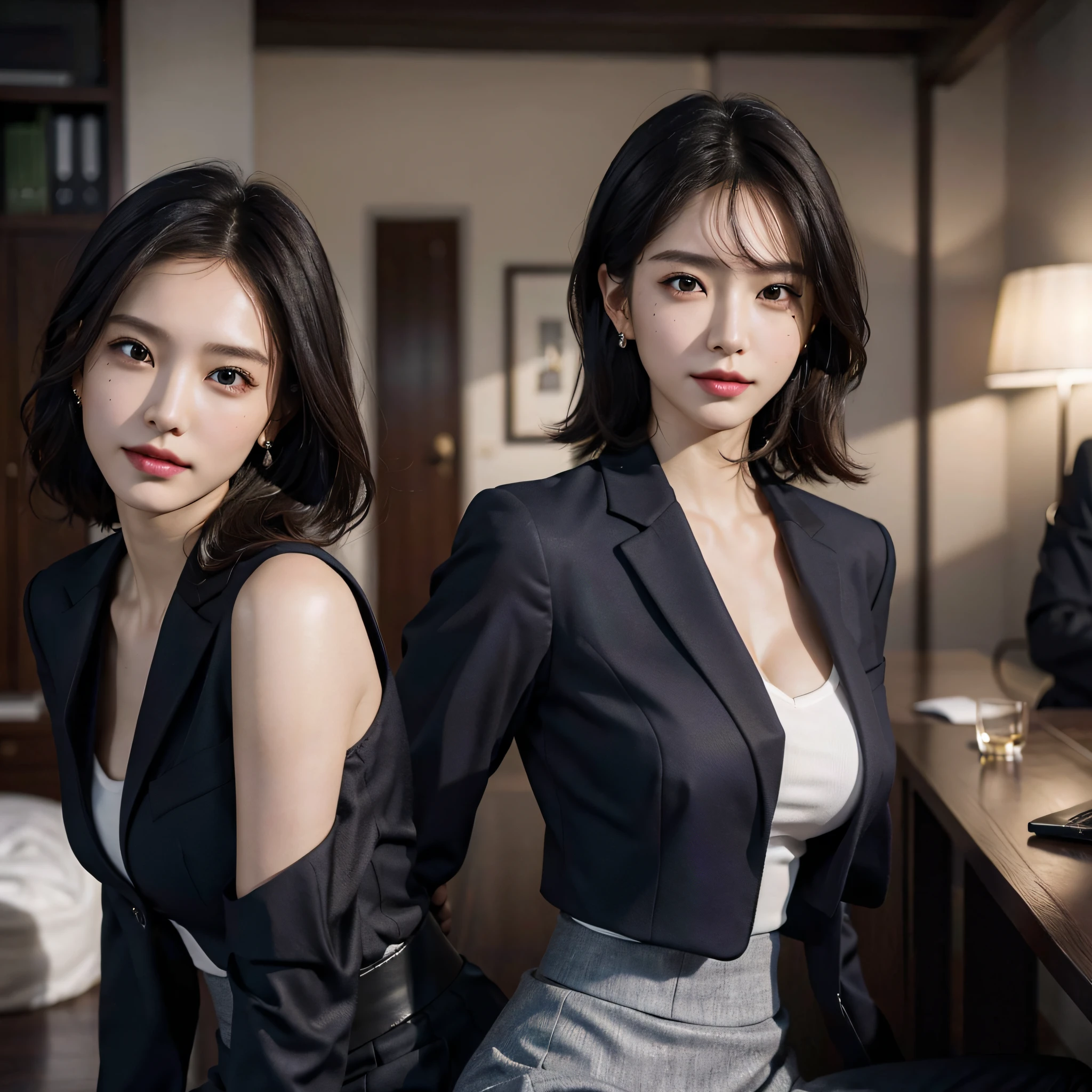 absurdres, RAW photo, extremely delicate and beautiful, masterpiece, Best Quality, ultra high resolution, 16k, hyperrealistic, ultra-detailed, Very detailed CG 8k wallpaper, Beautiful Lighting, Perfect Lightning, Realistic Shadows, perfect anatomy, super Detailed skin, perfect figure, Japanese woman, late 20s, very Slim body, narrow waist, very small head, handsome detailed woman, very detailed eyes and face, realistic face proportions, Stunning detailed eyes, Realistic beautiful face, very small face, Realistic small beautiful eyes, double eyelids, makeup, tearful mole, mole on chest, earring, bare legs, beautiful and very thin legs, beautiful and very thin thighs, (((very huge round breasts))), short hair, wavy hair, sweat, (((full body shot))), (((3 girls))), tight-fitting, (((office lady suit))), (skirt suit), (suit jacket), (dress shirt),