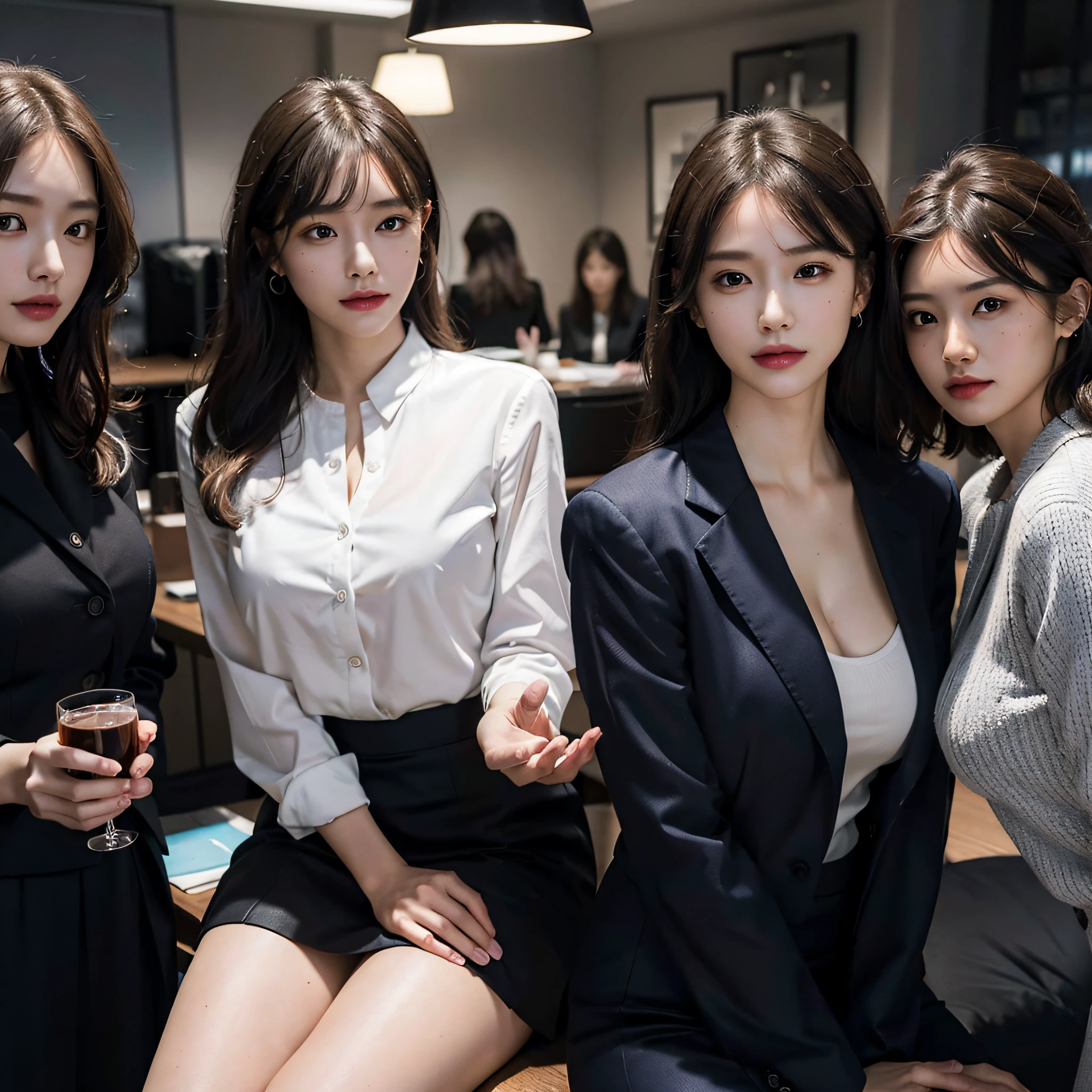 RAW photo, Extremely delicate and beautiful, Masterpiece, Best quality, 超高分辨率, 16k, Hyperrealistic, Ultra-detailed, Very detailed CG 8k wallpaper, Beautiful lighting, Perfect lightning, Realistic shadows, Perfect anatomy, Super detailed skin, Perfect figure, Japanese woman, in her 20s, Very slim body, Narrow waist, Very small head, handsome detailed woman, Very detailed eyes and face, Realistic face proportions, Stunning detailed eyes, Realistic beautiful face, Very small face, Realistic little beautiful eyes, Double eyelids, Makeup, tearful mole, mole on chest, earring, Bare legs, Beautiful and very thin legs, Beautiful and very thin thighs, (very huge round breasts:1.3), Short hair, Wavy hair, Sweat, (3 girls:1.5), (office lady suit:1.3), (skirt suit), (blazer jacket), (blouse),