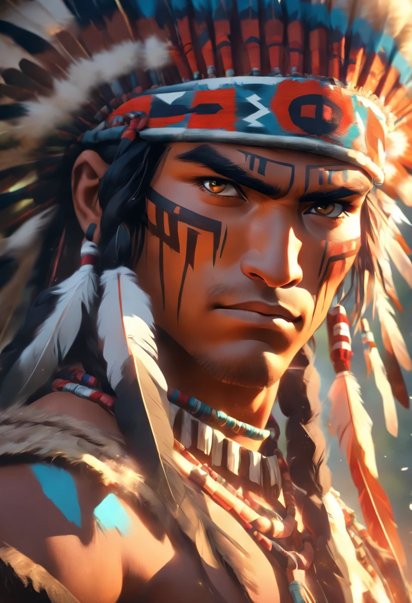 (((indigenous man))) best quality, very high resolution, detailed CG in 4K, masterpiece, white hair, red feathers, amazon brazil, rivers, indigenous people, indigenous tribes, indigenous city, forest, aesthetics, beautiful image, centered on screen, full body