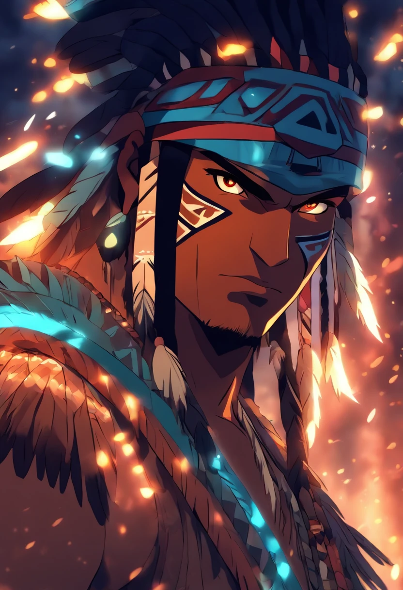 (((indigenous man))) melhor qualidade, Very high resolution, CG detalhado 4K, master part, Tupã,indigenous God,Cocar indigena, lightning in the background, standing pose, capacete,indigenous clothing, Amazon, Brasil, esthetic, bela imagem , centralizado na tela