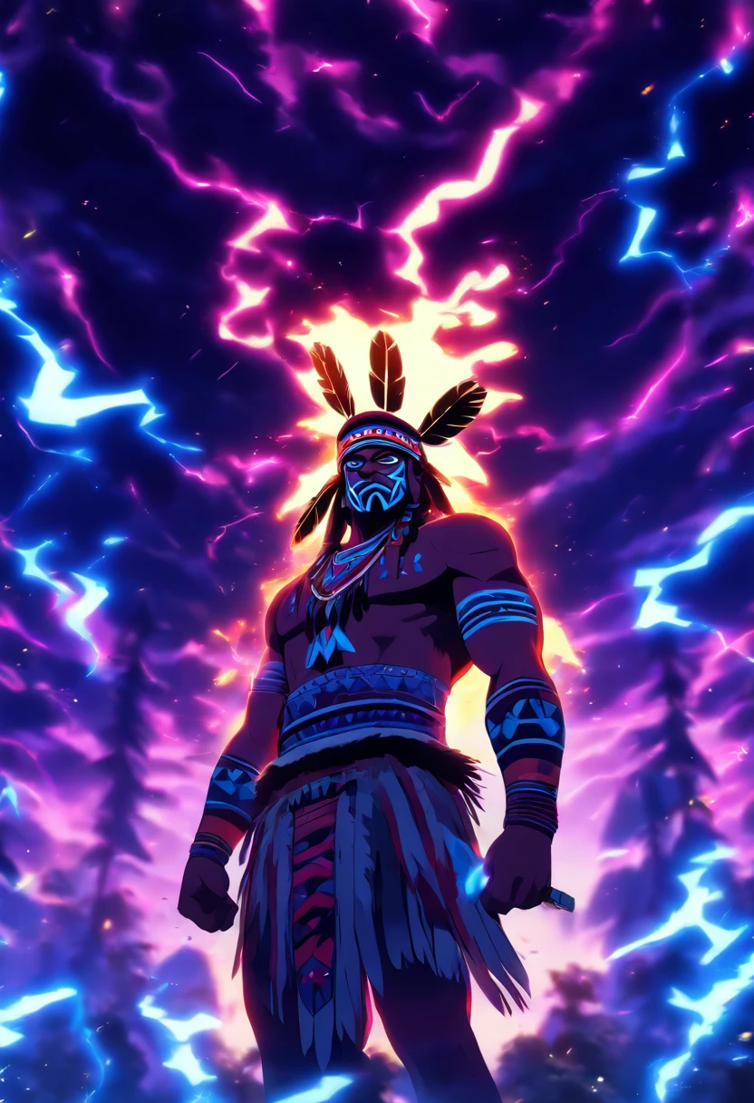 (((indigenous man))) melhor qualidade, Very high resolution, CG detalhado 4K, master part, Tupã,indigenous God,Cocar indigena, lightning in the background, standing pose, capacete,indigenous clothing, Amazon, Brasil, esthetic, bela imagem , centralizado na tela