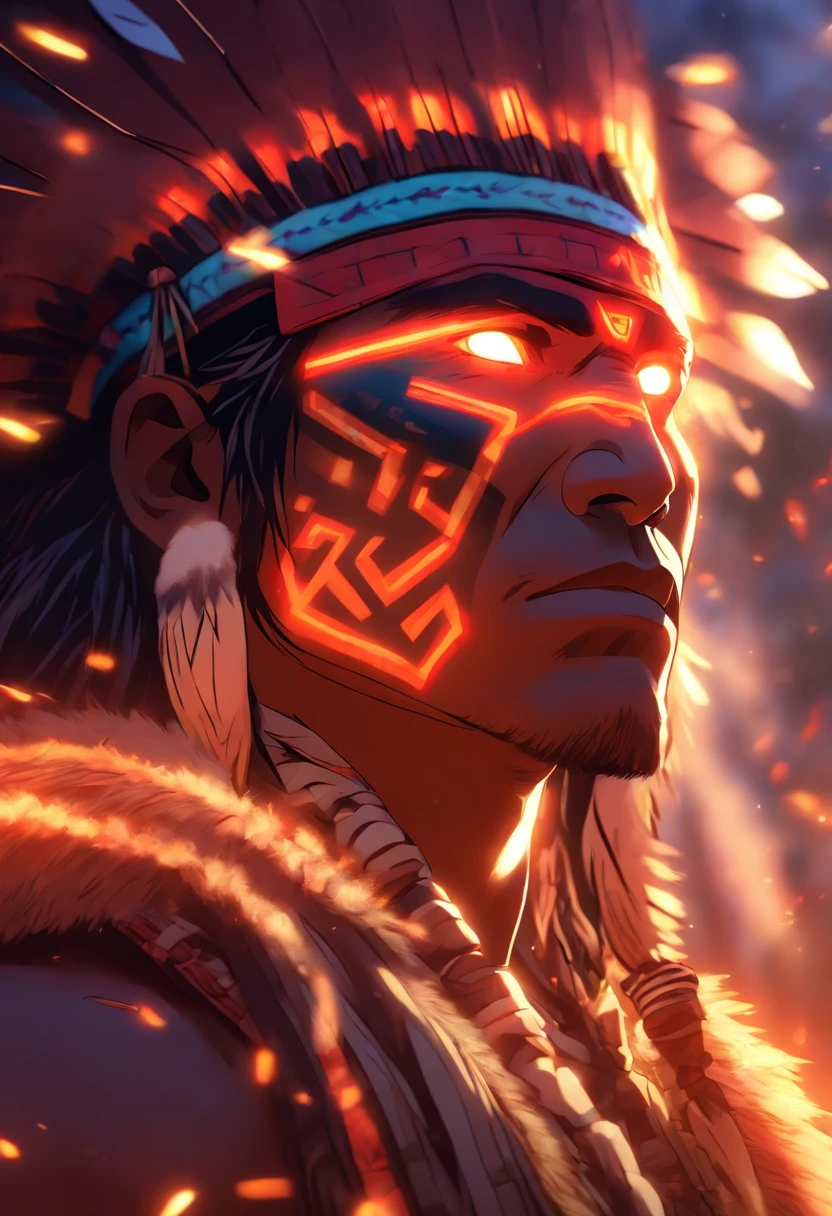 (((indigenous man))) melhor qualidade, Very high resolution, CG detalhado 4K, master part, Tupã,indigenous God,Cocar indigena, lightning in the background, standing pose, capacete,indigenous clothing, Amazon, Brasil, esthetic, bela imagem , centralizado na tela