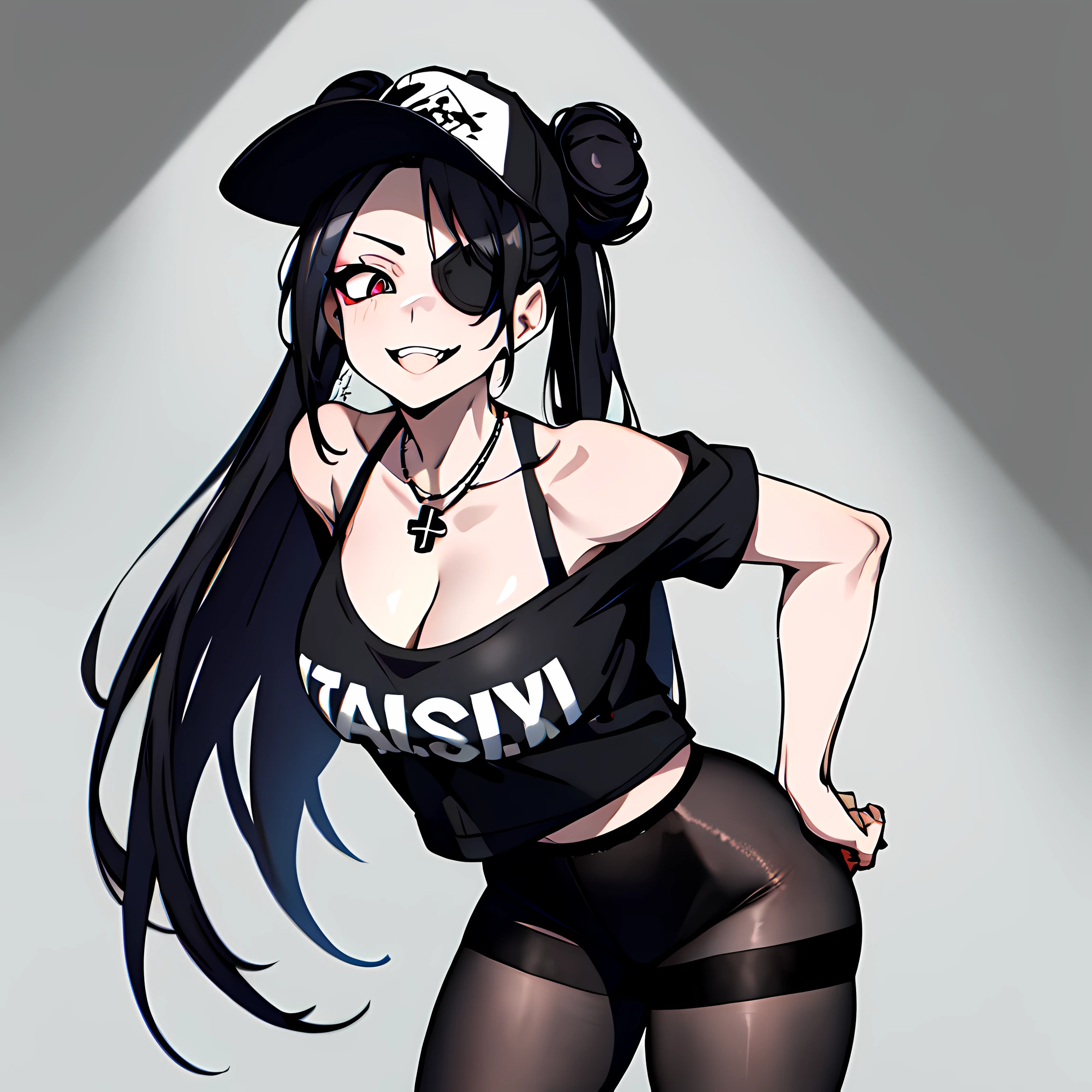 (absurdres, 8k, 4k, masterpiece, hyper extreme detailed:1.2), best quality, expressive eyes, highres, perfect eyes, 1girl, perfect face, perfect hands, Long Hair, Black hair, braided buns, buns in hair, large bust, crazy face, crazy eyes, crazy smile, eyepatch, gothic, cross necklace, black shirt, streetwear, pantyhose, baseball cap, curious, half body, street clothing, graphic t-shirt, standing, leaning against wall, gothic, pale skin, absurdquality, shocked, concerned, confused, head tilt, cowboy_shot, shorts, short shirt, fang tooth, black eyepatch, smile, black pantyhose, wall background, mature, adult, black sleeves, cleavage, leaning forward, exposed collarbone, exposed shoulder