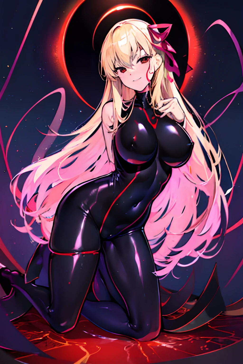 Carefully draw the face　High-quality faces in anime style　a blond　Shiny black full body suit　Red lines all over the body　huge tit　Big ass　Whip thighs　seductiv　a smile　succubus　Rubbing your chest with your hands