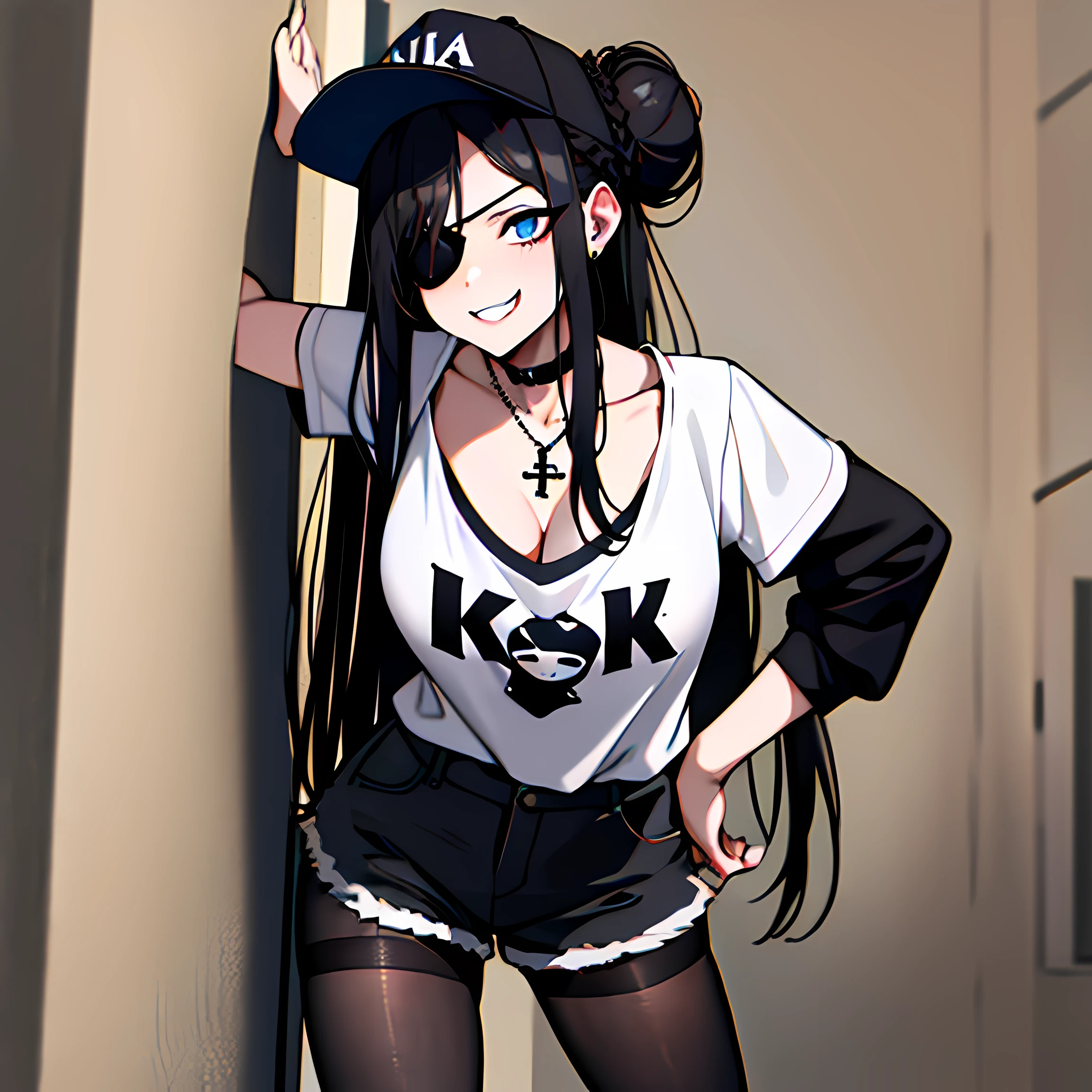 (absurdres, 8k, 4k, masterpiece, hyper extreme detailed:1.2), best quality, expressive eyes, highres, perfect eyes, 1girl, perfect face, perfect hands, Long Hair, Black hair, braided buns, buns in hair, large bust, crazy face, crazy eyes, crazy smile, eyepatch, gothic, cross necklace, black shirt, streetwear, pantyhose, baseball cap, curious, half body, street clothing, graphic t-shirt, standing, leaning against wall, gothic, pale skin, absurdquality, shocked, concerned, confused, head tilt, cowboy_shot, shorts, short shirt, fang tooth, black eyepatch, smile, black pantyhose, wall background, mature, adult, black sleeves, cleavage, leaning forward,