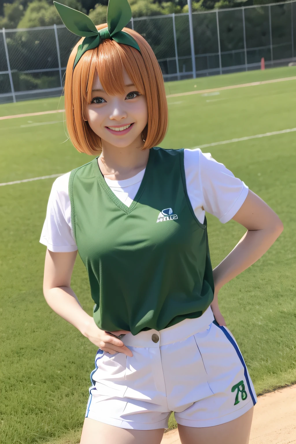 Nakano Yotsuba, Short_hair, Bangs, Blue_Eyes, orange_hair, Hair Bow, Green Ribbon, hair_Bland_Eyes,a smile, Athletics Uniforms, Nasty poses, athletic field