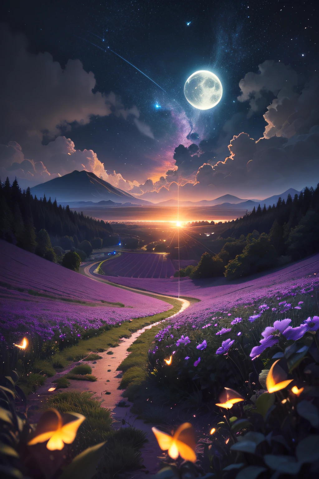 expansive landscape photograph , (View from below, showing the sky above and the fields below), blossom flower field, (fullmoon:1.2), (shooting stars:0.9), (nebulous:1.3), distant mountains , WOOD BREAK PRODUCTION ART, (warm light source:1.2), (fireflies:1.2), lamps, Lots of purple and orange, intricated details, Volumetric lighting, REALISM BREAK(​masterpiece:1.2), (Top  Quality), 4k, Ultra-detail, (Dynamic configuration:1.4), Very detailed and colorful details,(Rainbow colors:1.2), (Glowing lights, Atmospheric lighting), Dreamy, Magical, (Solo:1.2)