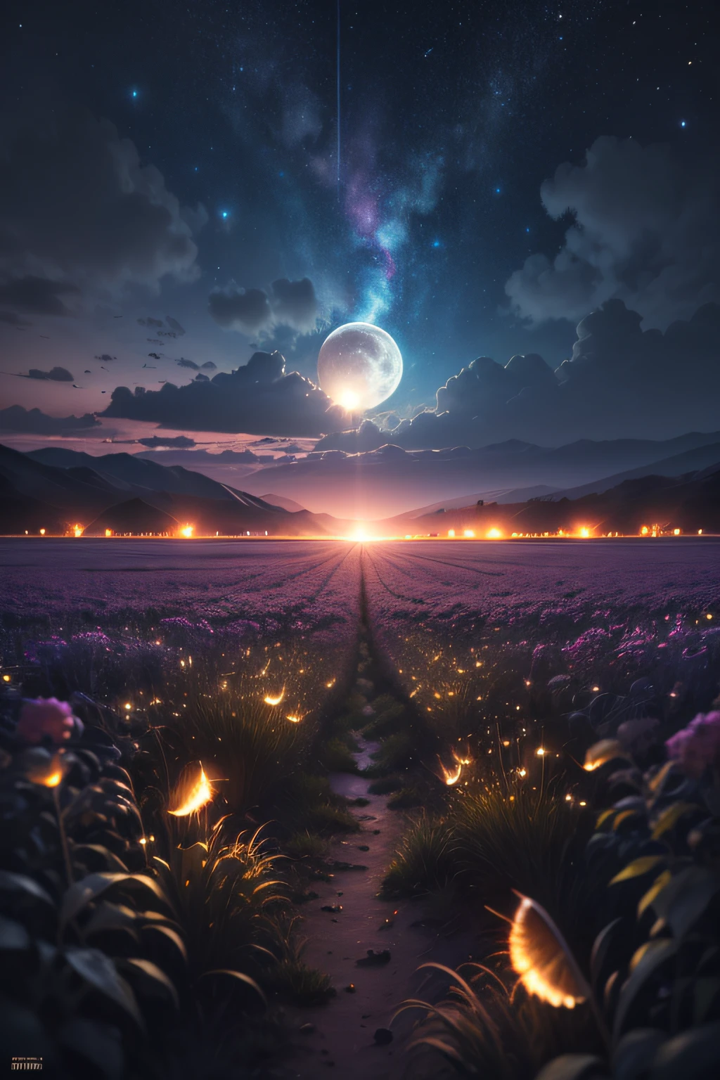 expansive landscape photograph , (View from below, showing the sky above and the fields below), blossom flower field, (fullmoon:1.2), (shooting stars:0.9), (nebulous:1.3), distant mountains , WOOD BREAK PRODUCTION ART, (warm light source:1.2), (fireflies:1.2), lamps, Lots of purple and orange, intricated details, Volumetric lighting, REALISM BREAK(masterpiece:1.2), (Top Quality), 4k, Ultra-detail, (Dynamic configuration:1.4), Very detailed and colorful details,(Rainbow colors:1.2), (Glowing lights, Atmospheric lighting), Dreamy, Magical, (Solo:1.2)