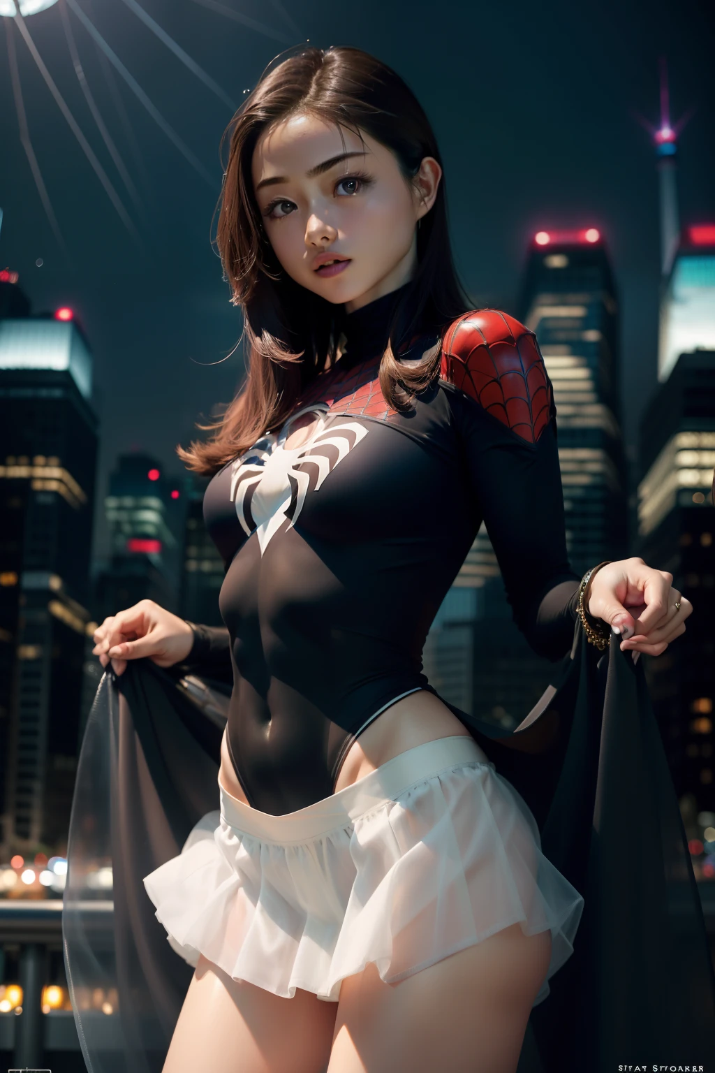 Female Spider Woman,a miniskirt、Spider-colored miniskirt suit,Skytree in the background、Ultra mini skirt、Lifting the skirt with both hands to show white panties、White panty、a miniskirt、Beautiful constricted waist、Beautiful navel、Beautiful Satomi Ishihara、Ultra mini skirt、Beautiful camel toe、beautiful thigh、Beautiful upper arms、Beautiful、Beautiful black spider symbol,Ballet Shoes,Golden ratio body, Flexible body,Calm expression,New York City at night,Handsome gestures,heroism,majestic appearance,Abs