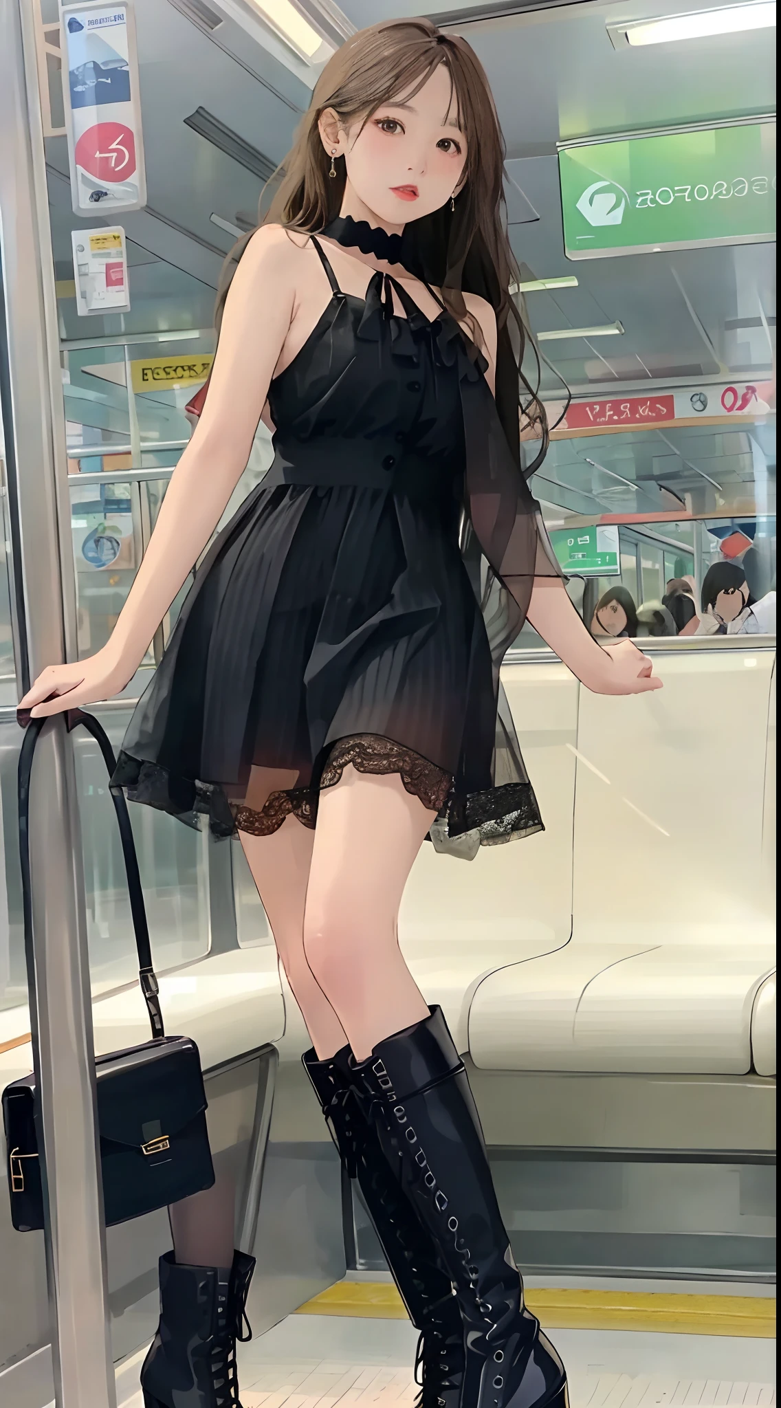 ((Pre-teen)), beautiful girl, model body, freckles on her face, light green eyes, small breasts, large earrings, mini dress with thin straps, black 7 thread tights, high heel boots, full body, shot from below, very white skin, very long hair, wavy hair, blonde hair, busy subway car, photorealistic, indirect lighting, volumetric light, ray tracing, hyper-detailed, best quality, ultra-high resolution, HDR, 8k