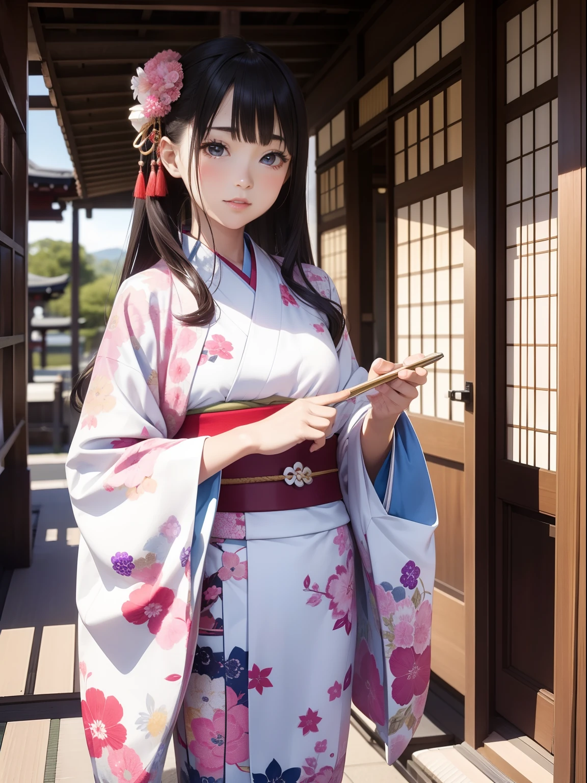 Masterpiece, best quality, 1girl, blue sky, cloud trail, warm, looking at viewer, expressionless, wariza, japanese wooden floor, purple hair, closed mouth, raidenshogundef, <lora:raidenshogun1:1>
