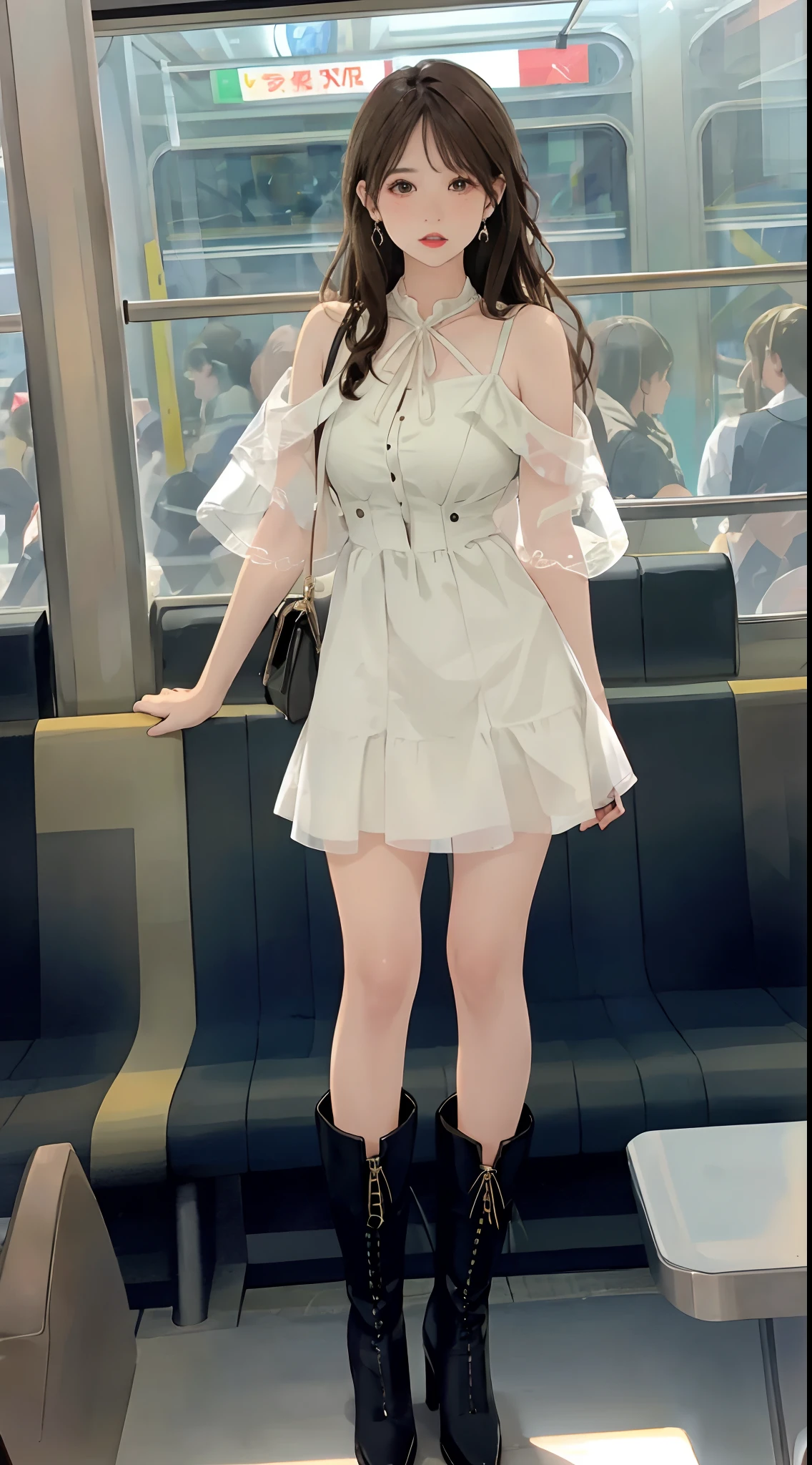 ((Pre-teen)), beautiful girl, model body, freckles on her face, light green eyes, small breasts, large earrings, mini dress with thin straps, black 7 thread tights, high heel boots, full body, shot from below, very white skin, very long hair, wavy hair, blonde hair, busy subway car, photorealistic, indirect lighting, volumetric light, ray tracing, hyper-detailed, best quality, ultra-high resolution, HDR, 8k