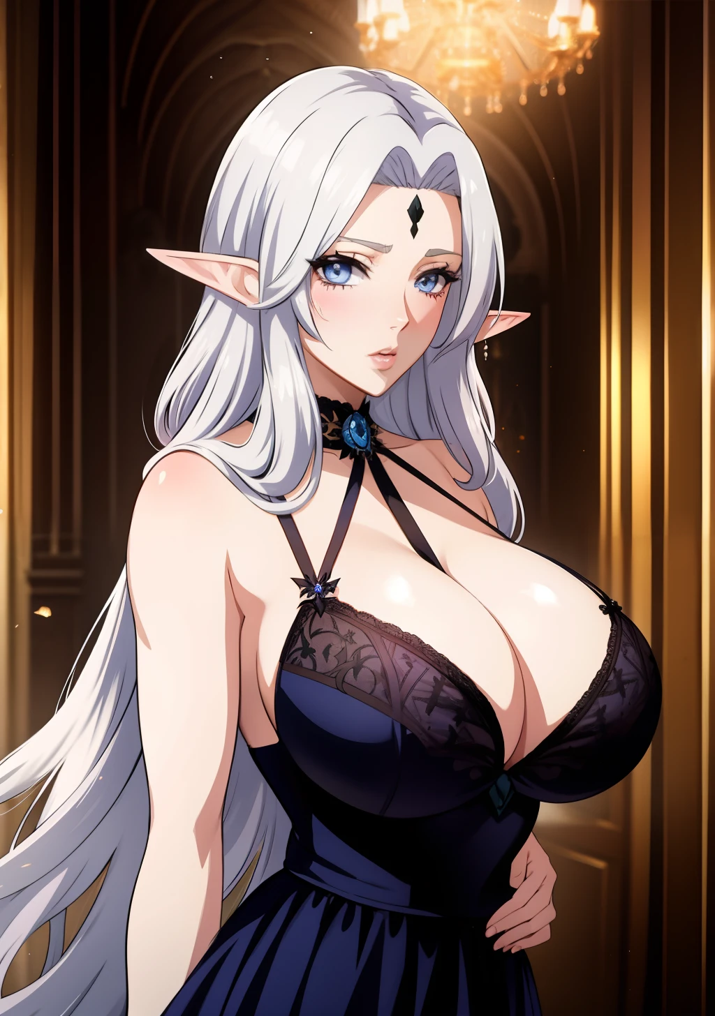 Royal Dress, huge tits, busty, silver hair, headband, elf ears, beauty mark under eyes, blue eyes, long hair, intrincate details, detailed, masterpiece, best quality, 4K, HDR, royal hall, gothic building, upperbody,