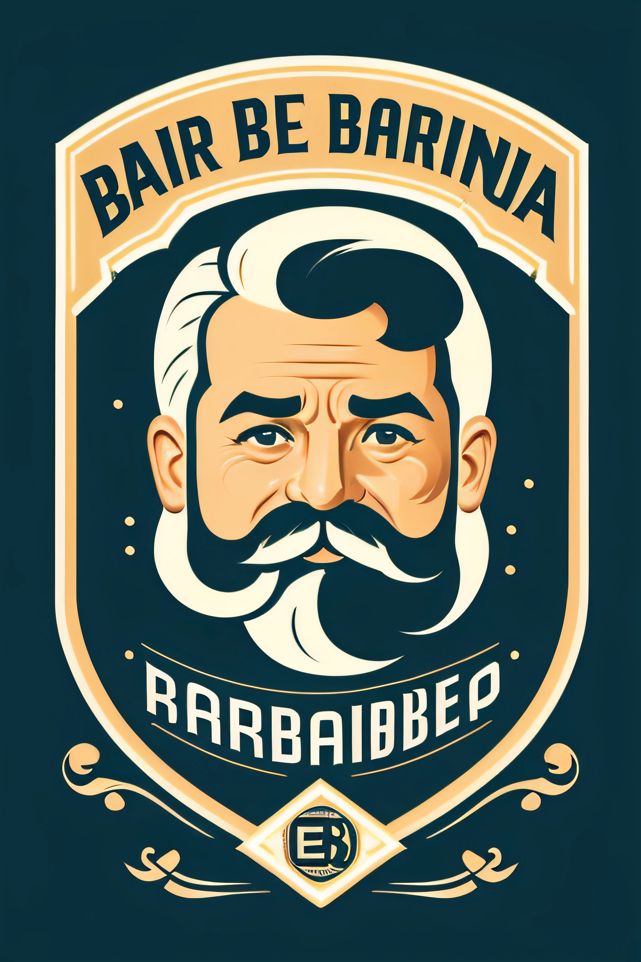 Crie um logotipo vintage para uma barbearia, com um escudo, um homem bem cuidado com cabelos, mustache, e barba, e um banner. The logo should be wordless and capture the classic essence of a traditional barbershop with a timeless feel