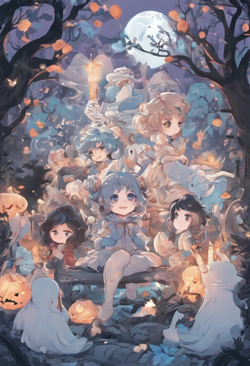 There is a cartoon character holding a group of ghosts, concept art by Kanbun Master, pixiv contest winner, Furry art, Detailed fanart, official fanart, [ Character design ], lovely art style, danbooru and artstation, Cute detailed digital art, 🍁 Cute, wisps, [ conceptual art ]!!, Great character design, cute character, cute artwork