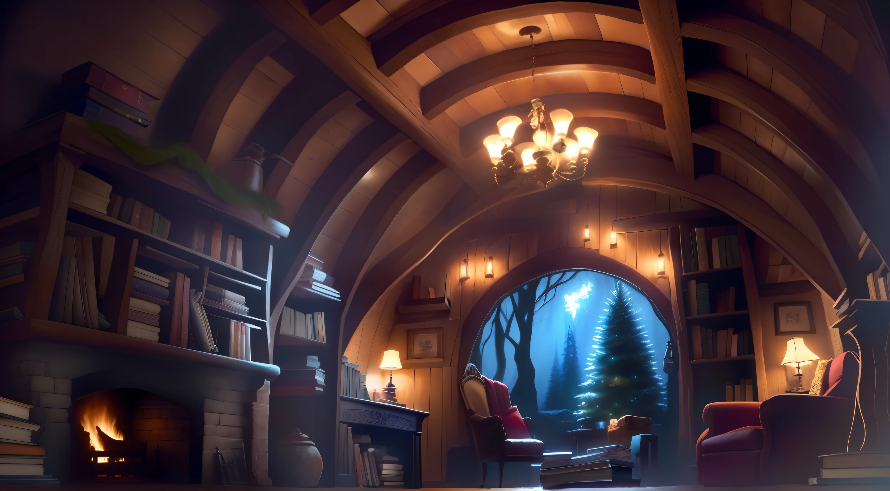 Cozy hobbit room with a cozy fireplace aside, books, bookshelf