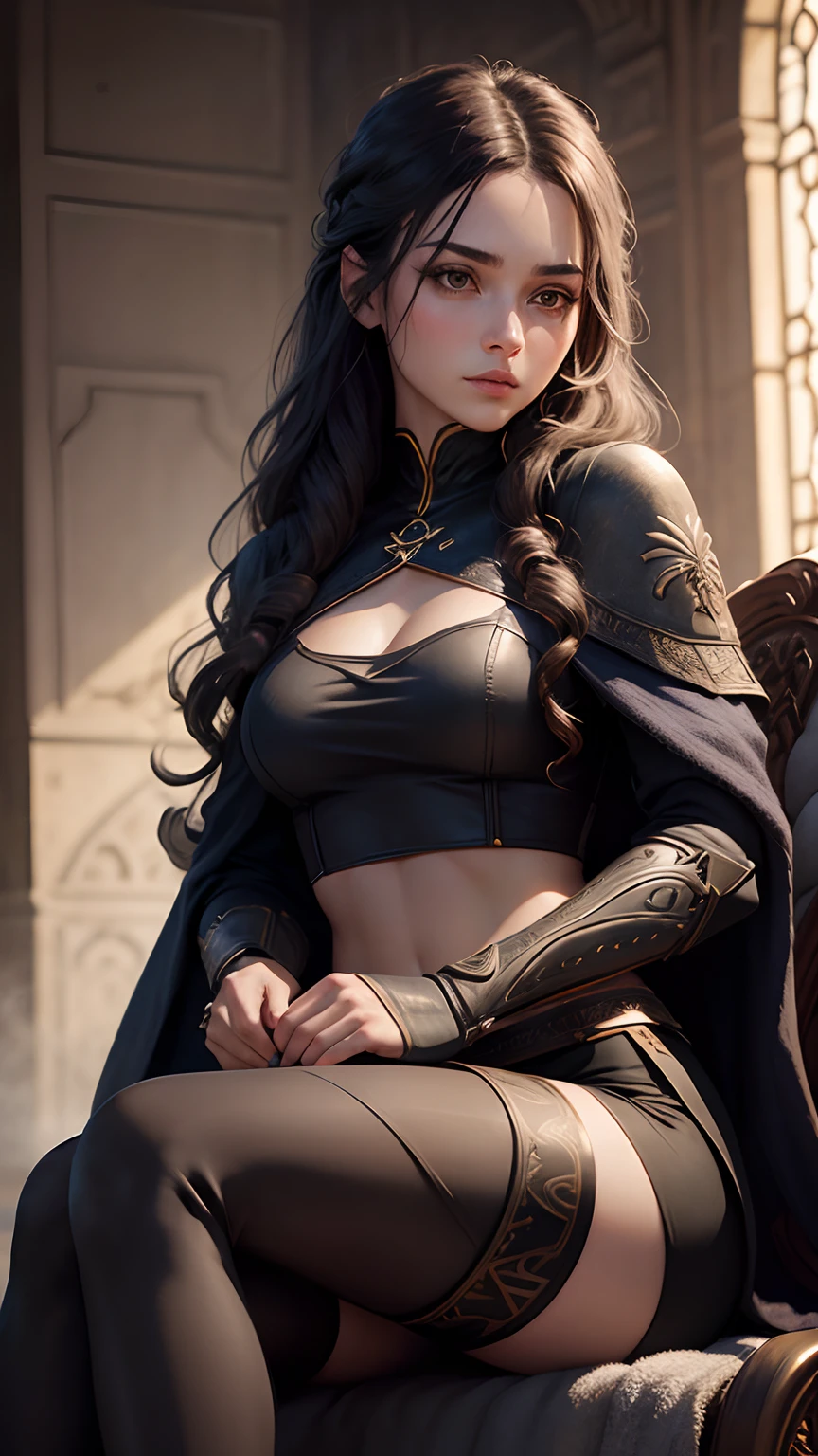 Meet the enigmatic woman, clad in a bespoke black spartan armor, adorned with red accents. Her sleek black pants and plisséd leather skirt reveal strong, toned thighs. She wears high-heeled cannon boots, their towering silhouettes enhanced by thick, gleaming steel bracelets and a collar that encircles her neck. Her long, flowing black hair cascades like a river of darkness in contrast to her bright azure eyes that radiate an intriguing allure. With full, sensual lips and an irresistible smile, she exudes confidence as she sits on a throne of swords and skulls, savoring a
