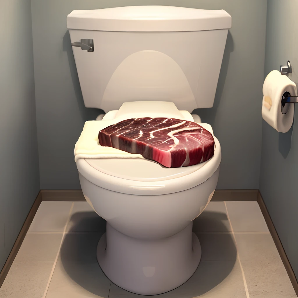 Private toilet, one toilet bowl, huge raw steak on the closed toilet lid,
