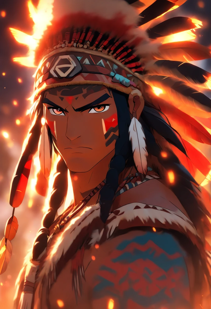 (((Indigenous man))) best quality, very high resolution, 4K detailed CG, master piece, Tupã, Indigenous God, Indigenous headdress, lightning in the background, standing pose, helmet, indigenous clothes, Guarani mythology, Tupi-Guarani, Amazon , Brazil, aesthetics, beautiful image, centered on the screen