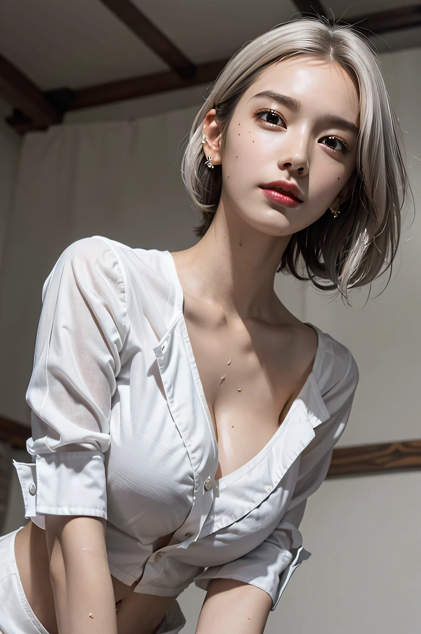 (8k, Photorealistic, Raw photo, Highest quality: 1.4),Japanese idol-style beautiful girl,18-year-old,Short Bob,Silver Hair,Big, clear grey eyes,Long eyelashes,Healthy, plump lips,He was wearing a white silk pajama jacket with all the buttons undone and the collar hanging down to his shoulders, exposed to his bare skin.,Both shoulders are visible and the chest is open wide.,No bra,Wearing black lace panties.Waking up,He is on his knees, leaning forward with his hands on the bed.,Holding the breast between the upper arms,Panties are visible,Looking up at the camera