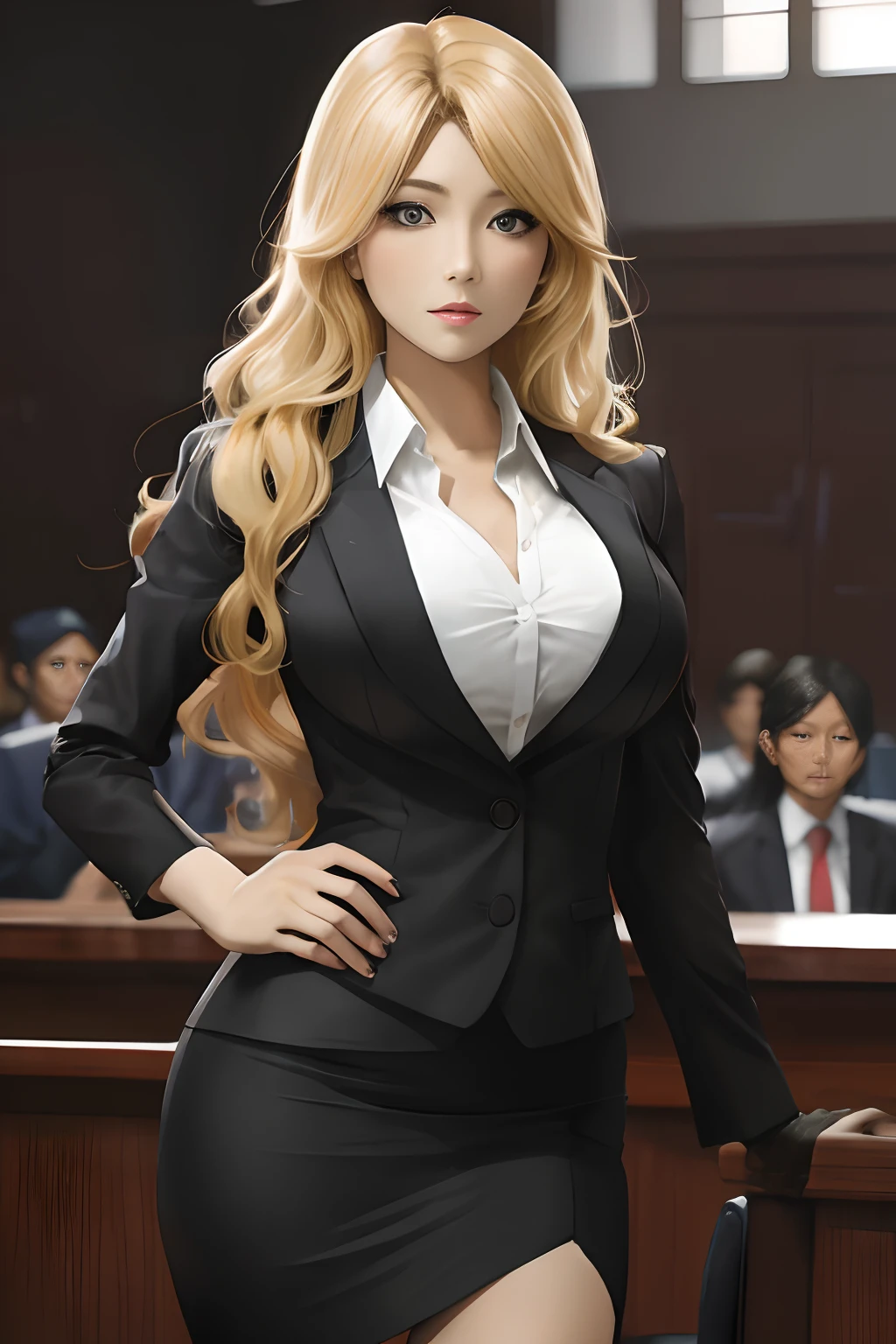 Blonde woman in suit poses in courtroom, female lawyer
