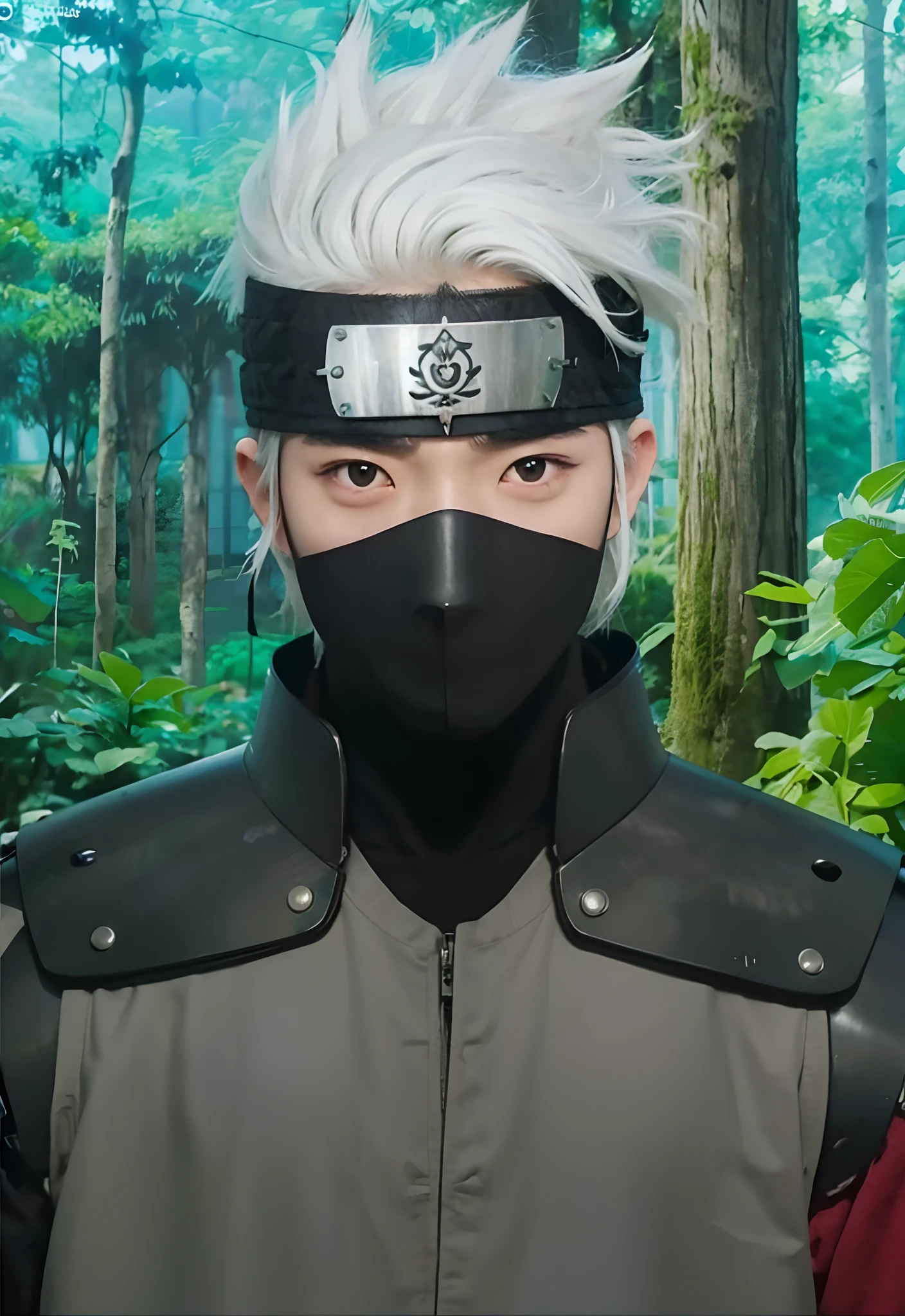 Real life adaption of this character, ((Korean teen handsome face)), Realistic eyes,((realistic very Messy white hair)),wear realistic black headband with iron plate , ((realistic same outfit with same iron armor)), hyper realistic, realism, realistic light, realistic shadow,(photorealistic:1.2),Cool expression