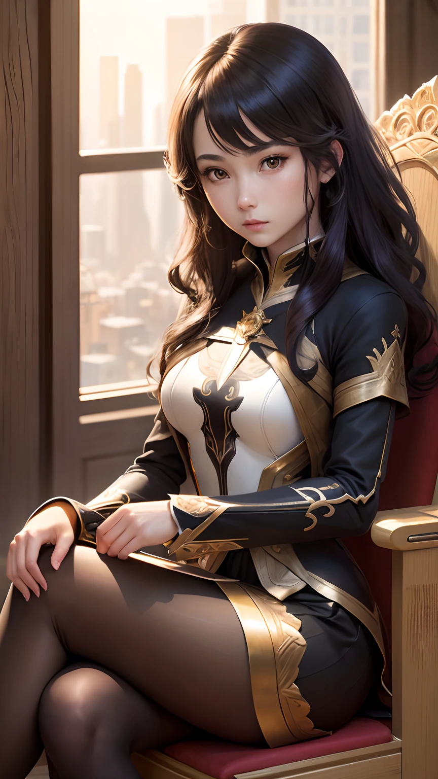 1warriorgirl, long and light sward, black long wavy hair, detailed dress, tight top, short pencil skirt with pantyhose, woollen coat , sitting cross-legged on throne, view from underneath, super quality, masterpiece,realistic