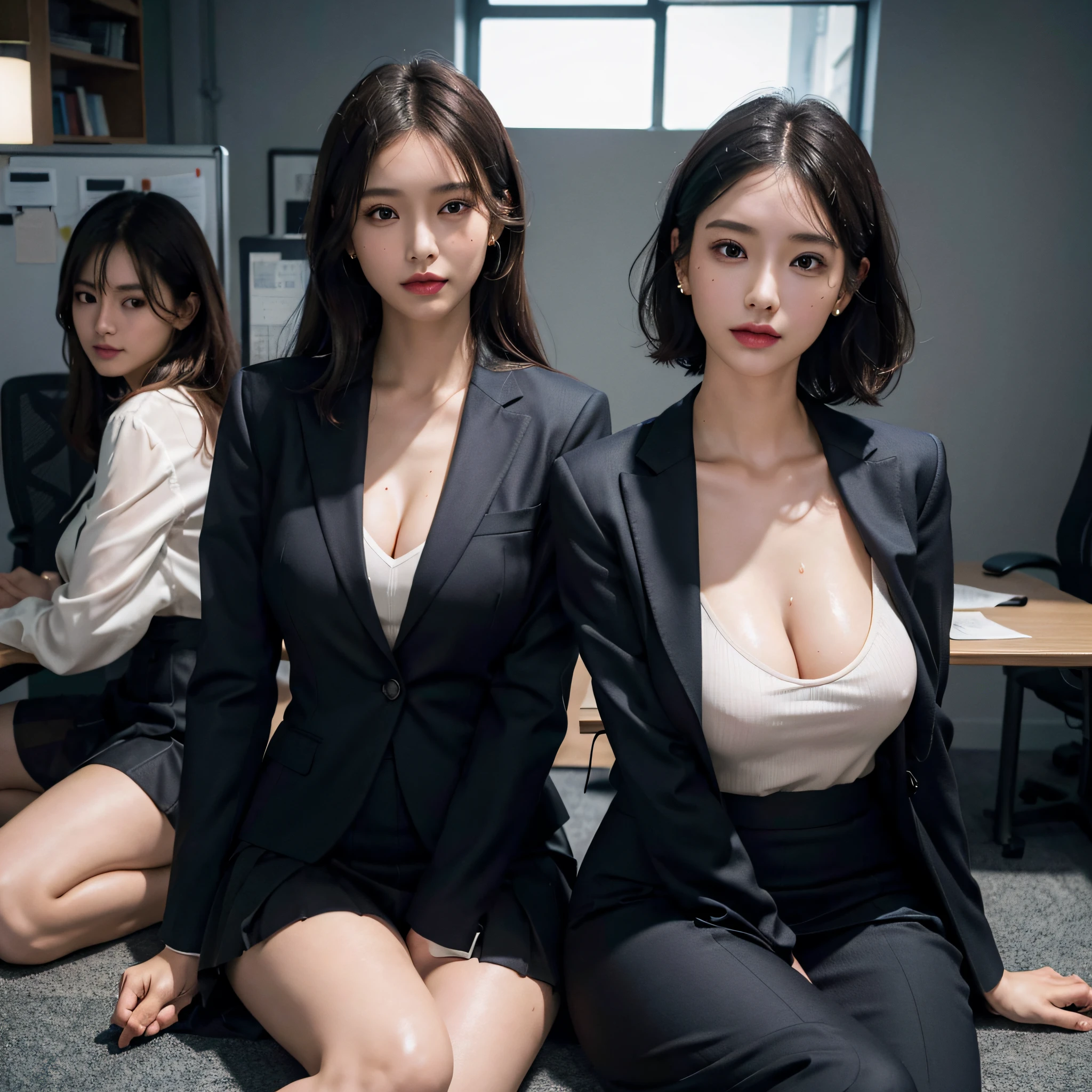 absurdres, RAW photo, extremely delicate and beautiful, masterpiece, Best Quality, ultra high resolution, 16k, hyperrealistic, ultra-detailed, Very detailed CG 8k wallpaper, Beautiful Lighting, Perfect Lightning, Realistic Shadows, perfect anatomy, super Detailed skin, perfect figure, Japanese woman, late 20s, very Slim body, narrow waist, very small head, handsome detailed woman, very detailed eyes and face, realistic face proportions, Stunning detailed eyes, Realistic beautiful face, very small face, Realistic small beautiful eyes, double eyelids, makeup, tearful mole, mole on chest, earring, bare legs, beautiful and very thin legs, beautiful and very thin thighs, (((very huge round breasts))), short hair, wavy hair, sweat, (((full body shot))), (((3 girls))), tight-fitting, (((office lady suit))), (skirt suit), (suit jacket), (blouse),