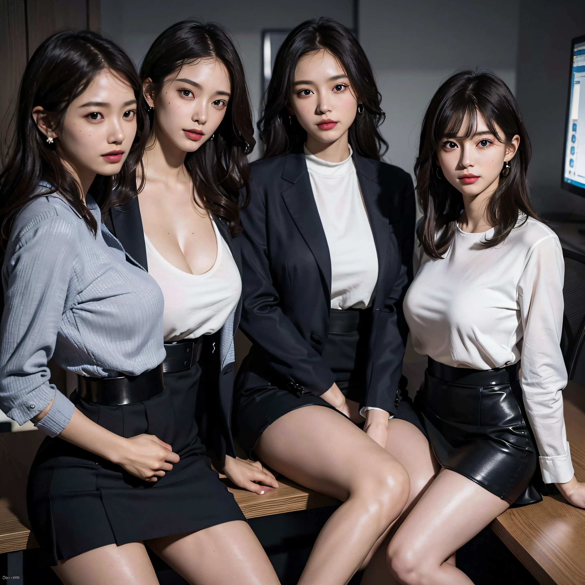 ((highest quality, 8K, Representative works in detail, ultra high resolution)), (Group photo), (looking at the viewer), (middle shot), Five attractive business women, 5 people, big breasts, white collared shirt, skirt, Sitting and working in the office, smile, CEO's Office, ((black choker)), slim body shape, big breasts, blue color contacts, long eyelashes, bangs