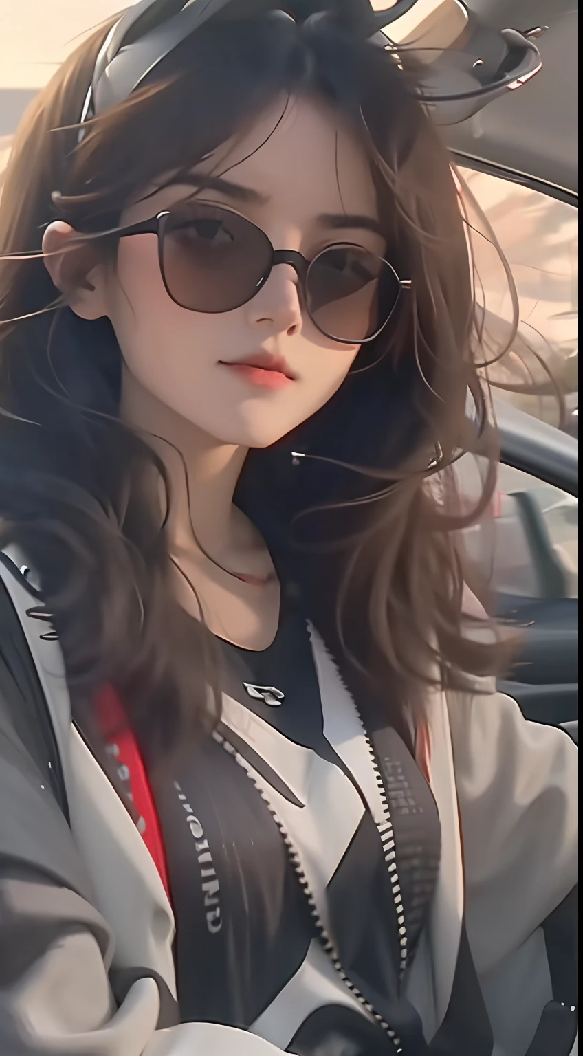 The girl is wearing sunglasses and driving a sports car, her hair is blown by the wind, her eyes are looking at the road ahead, facing the camera sideways on the vast road, wearing fashionable clothes,