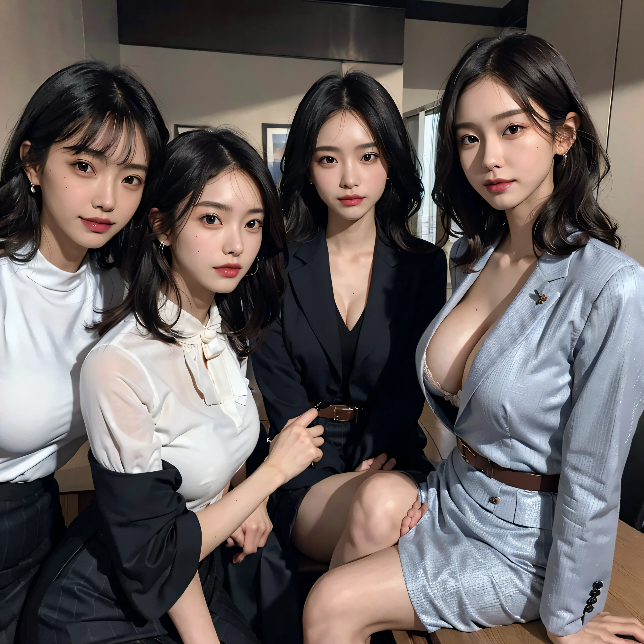 absurdres, RAW photo, extremely delicate and beautiful, masterpiece, Best Quality, ultra high resolution, 16k, hyperrealistic, ultra-detailed, Very detailed CG 8k wallpaper, Beautiful Lighting, Perfect Lightning, Realistic Shadows, perfect anatomy, super Detailed skin, perfect figure, Japanese woman, late 20s, very Slim body, narrow waist, very small head, handsome detailed woman, very detailed eyes and face, realistic face proportions, Stunning detailed eyes, Realistic beautiful face, very small face, Realistic small beautiful eyes, double eyelids, makeup, tearful mole, mole on chest, earring, bare legs, beautiful and very thin legs, beautiful and very thin thighs, (((very huge round breasts))), short hair, wavy hair, sweat, (((full body shot))), (((((3 girls))))), tight-fitting, (((office lady suit))), (skirt suit), (suit jacket), (blouse),
