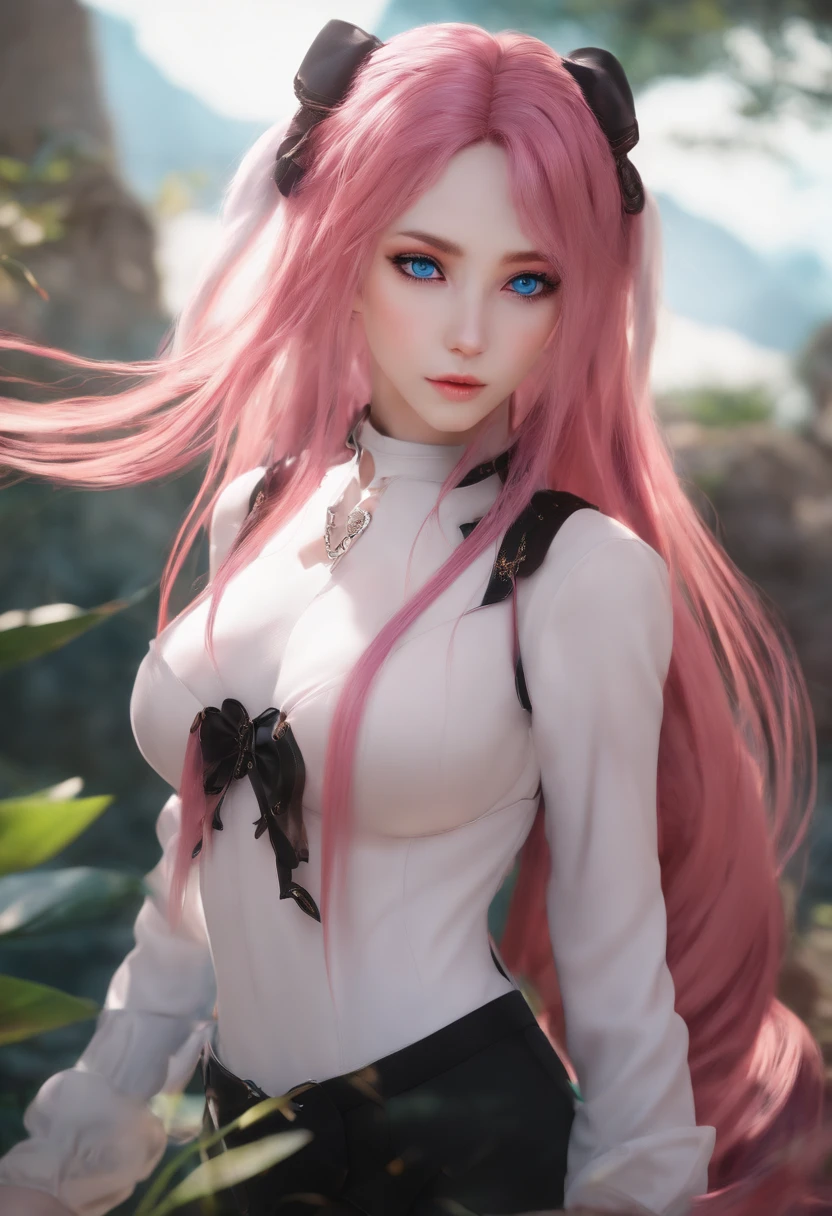 masterpiece, perfect lighting, (beautiful, best quality:1.3), perfect eyes, absurdres, 8k,Milim_Nava, long hair, pink hair, twintail, sidelocks, hair between eyes, ahoge, blue eyes, Top breasts, long sleeves, black thong