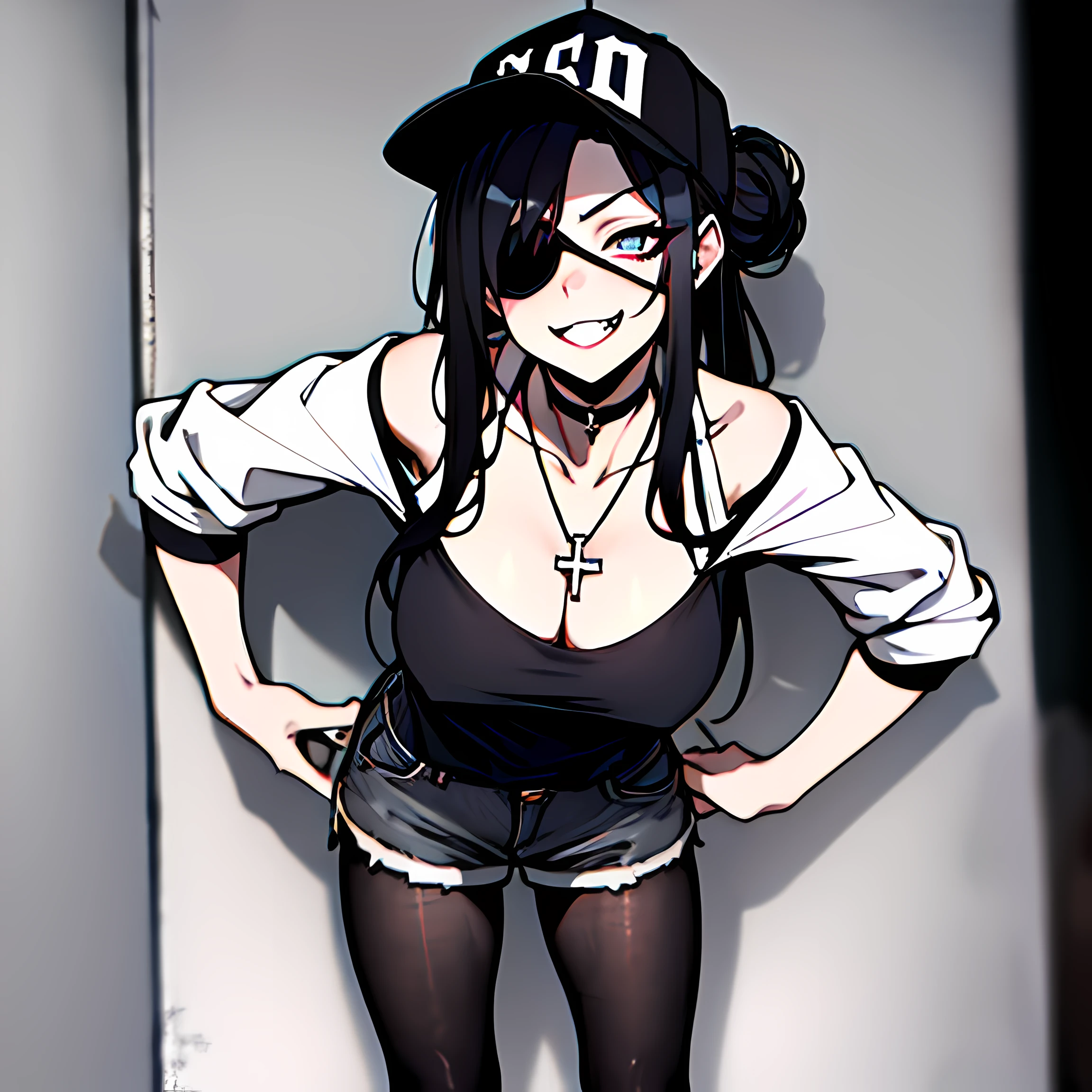 (absurdres, 8k, 4k, masterpiece, hyper extreme detailed:1.2), best quality, expressive eyes, highres, perfect eyes, 1girl, perfect face, perfect hands, Long Hair, Black hair, braided buns, buns in hair, large bust, crazy face, crazy eyes, crazy smile, eyepatch, gothic, cross necklace, black shirt, streetwear, pantyhose, baseball cap, curious, half body, street clothing, graphic t-shirt, standing, leaning against wall, gothic, pale skin, absurdquality, shocked, concerned, confused, head tilt, cowboy_shot, shorts, short shirt, fang tooth, black eyepatch, smile, black pantyhose, wall background, mature, adult, black sleeves, cleavage, leaning forward,