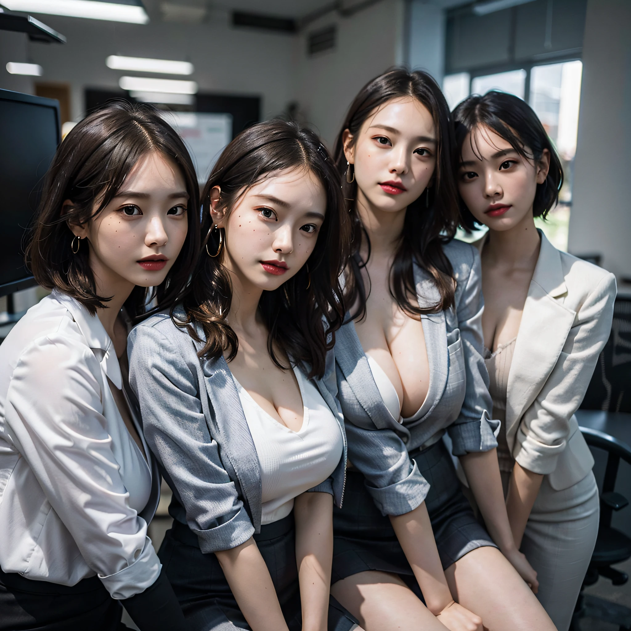 absurdres, RAW photo, extremely delicate and beautiful, masterpiece, Best Quality, ultra high resolution, 16k, hyperrealistic, ultra-detailed, Very detailed CG 8k wallpaper, Beautiful Lighting, Perfect Lightning, Realistic Shadows, perfect anatomy, super Detailed skin, perfect figure, Japanese woman, in her 20s, very Slim body, narrow waist, very small head, handsome detailed woman, very detailed eyes and face, realistic face proportions, Stunning detailed eyes, Realistic beautiful face, very small face, Realistic small beautiful eyes, double eyelids, makeup, tearful mole, mole on chest, earring, bare legs, beautiful and very thin legs, beautiful and very thin thighs, (((very huge round breasts))), short hair, wavy hair, sweat, (full body shot), (((((3 girls))))), tight-fitting, (((office lady suit))), (skirt suit), (suit jacket), (blouse),