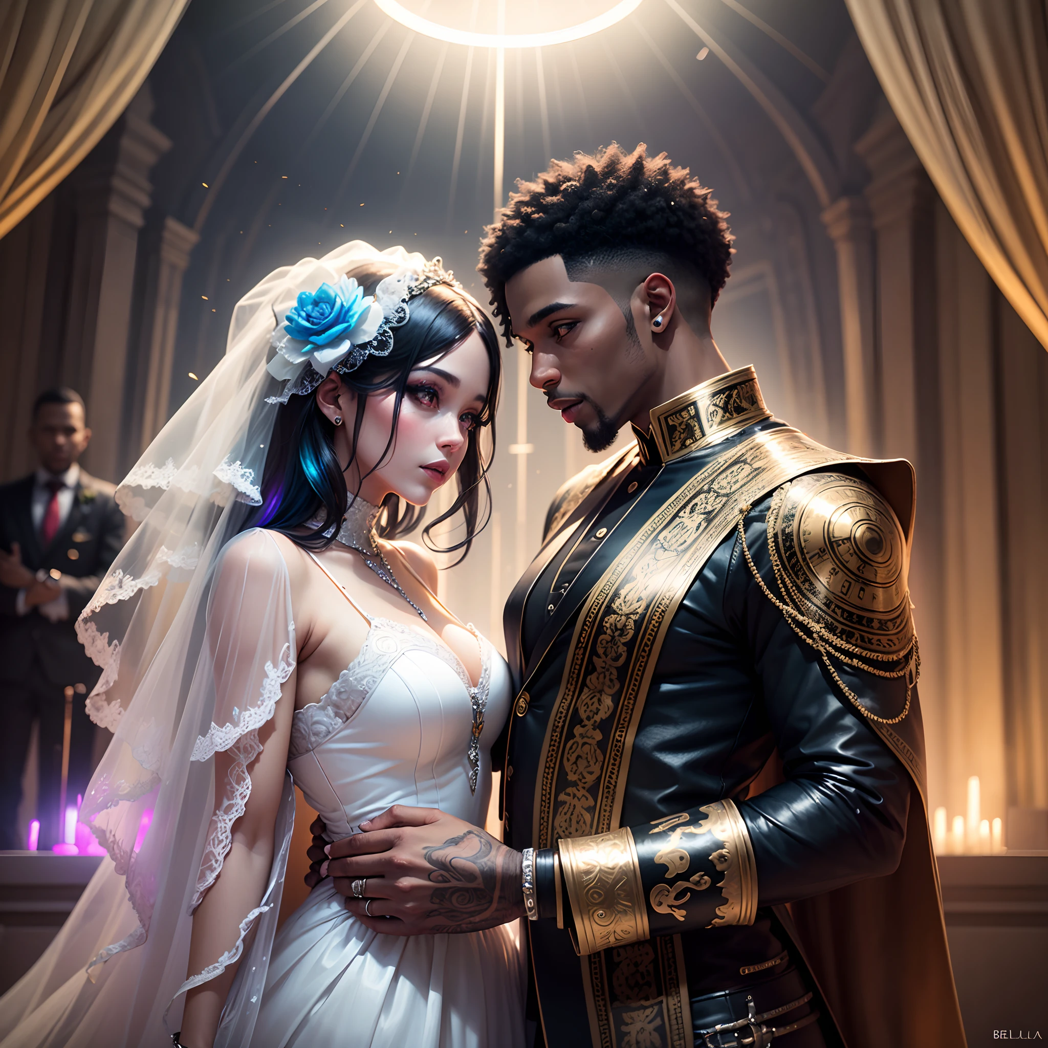 (((INTERRACIAL COUPLE))), ((medieval age)), black man and white woman, couple looking at the camera, chest angle up, background church, full body, wife and husband, woman and man, (Man: brown skin, curly hair, defined body, wearing a black suit, happy and with a masculine face), (Woman: WHITE SKIN, white wedding dress, blonde and young, long straight hair, snow-white skin, blue eyes and happy face, tall), (marriege), masterpiece, representation, 4k, unreal engine, intricate, highly detailed, beautiful lighting, light fog, 8k, trending at Artstation, professional, dramatic, illustration, high quality, , award-winning portrait, f/22, symmetrical , dynamic poses, concept art portrait by Greg Rutkowski and Martina Fačková and Prywinko Art.